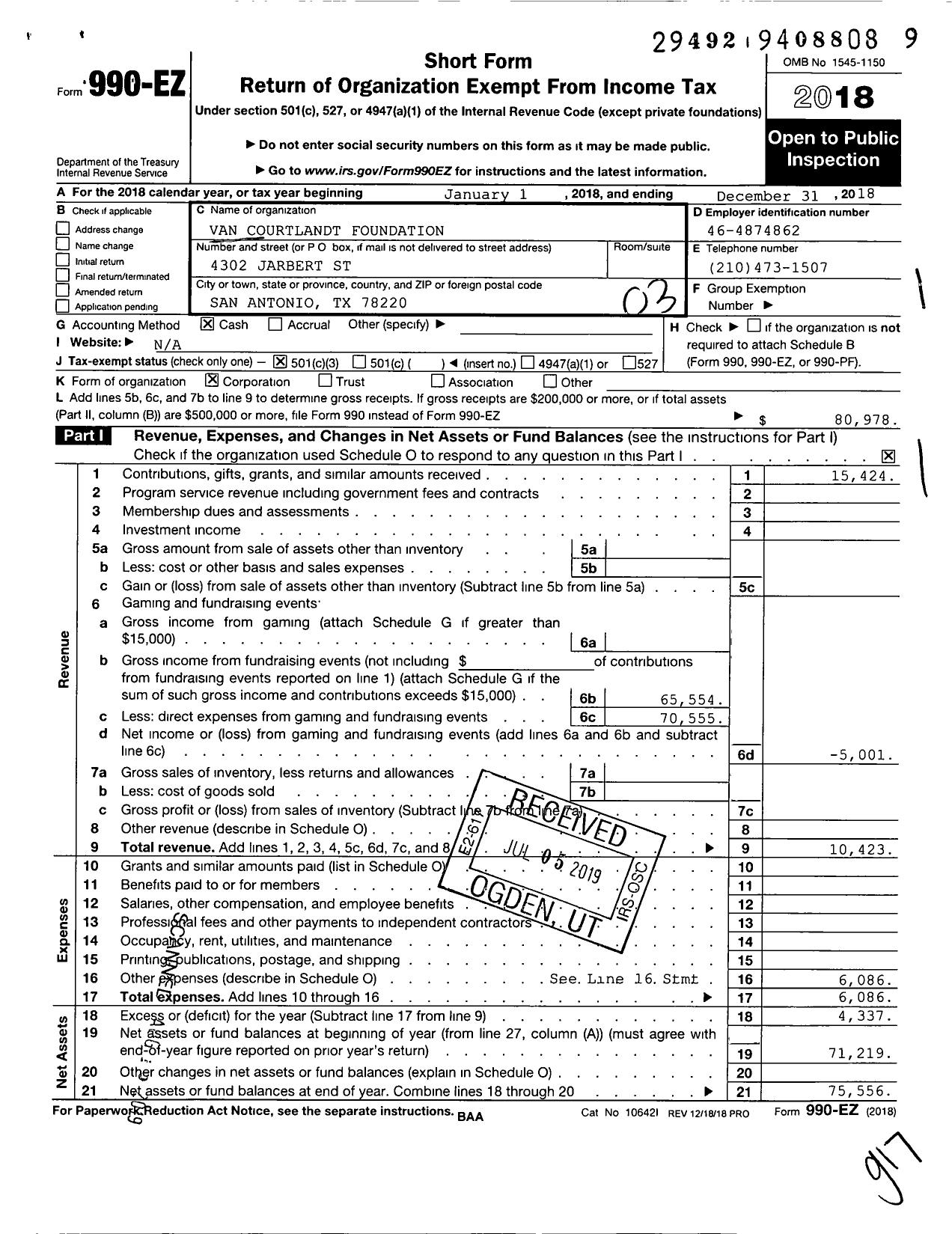 Image of first page of 2018 Form 990EZ for Van Courtlandt Foundation