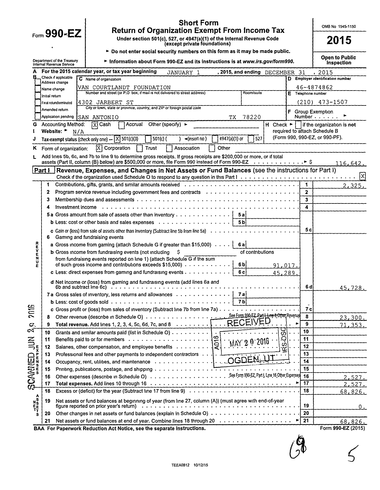 Image of first page of 2015 Form 990EZ for Van Courtlandt Foundation