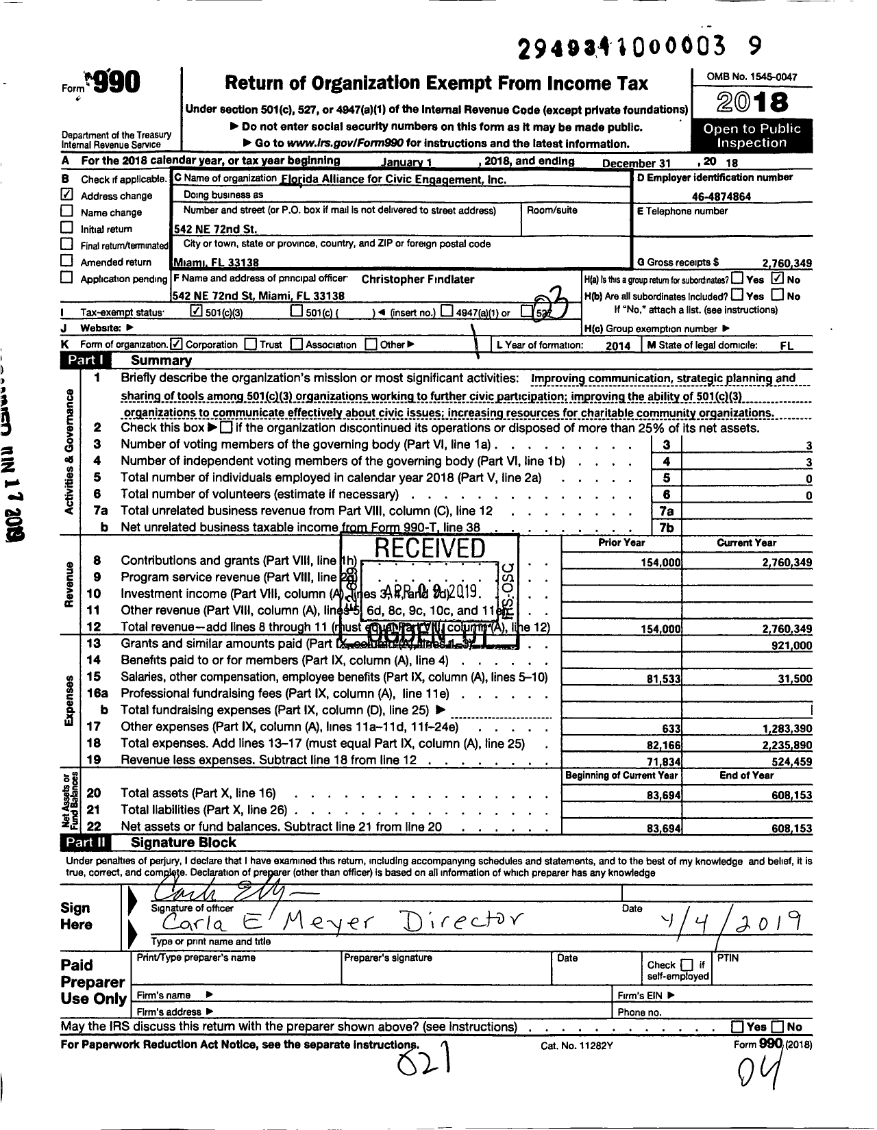 Image of first page of 2018 Form 990 for Florida Alliance for Civic Engagement