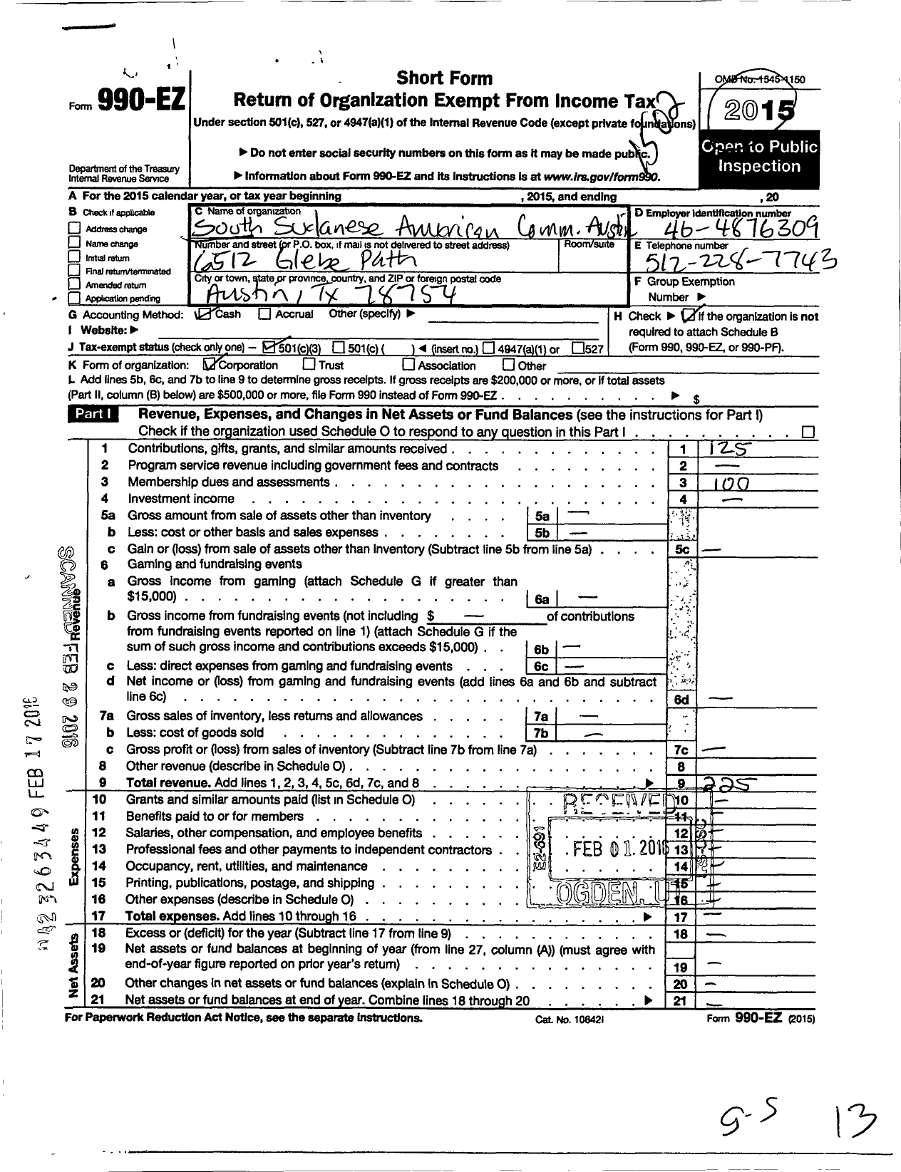 Image of first page of 2014 Form 990EZ for South Sudanese Americans Community Austin