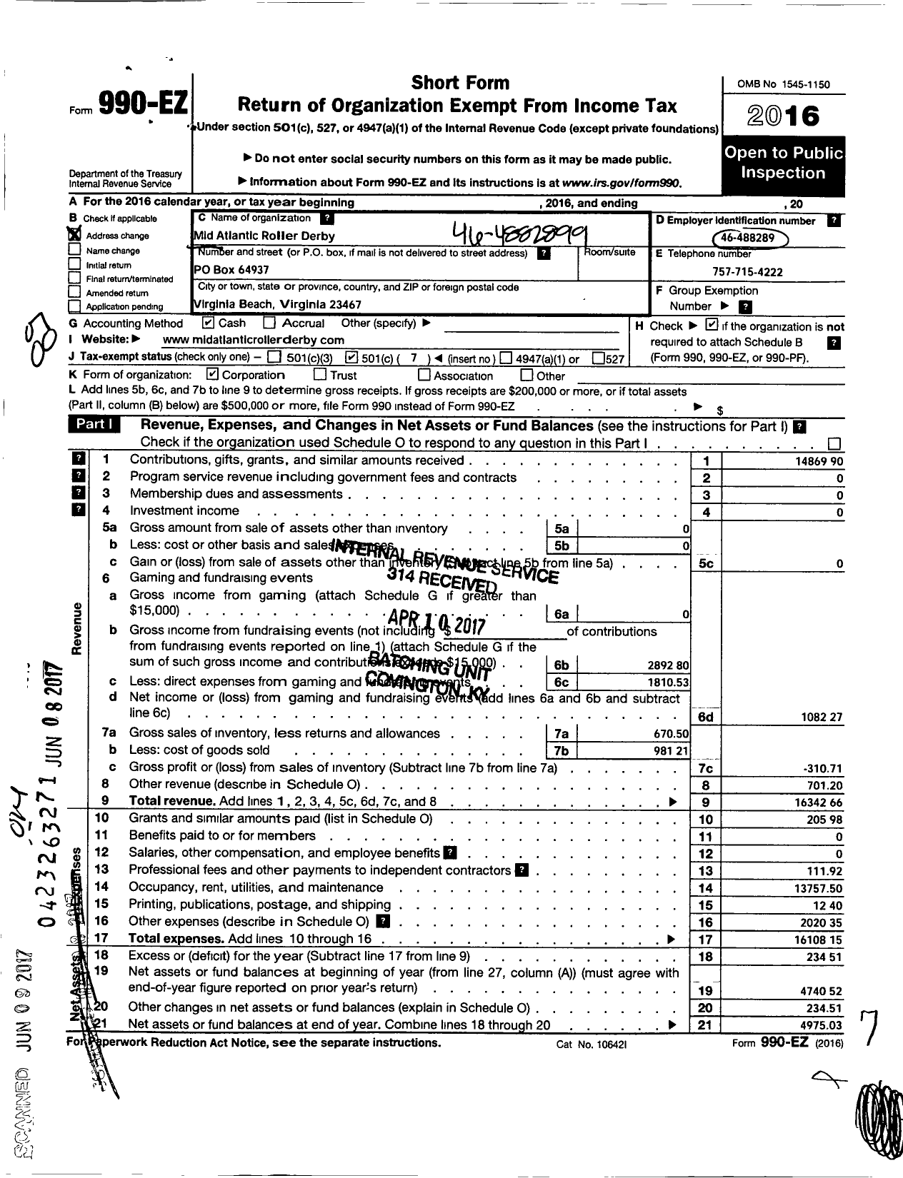 Image of first page of 2016 Form 990EO for Mid Atlantic Roller Derby