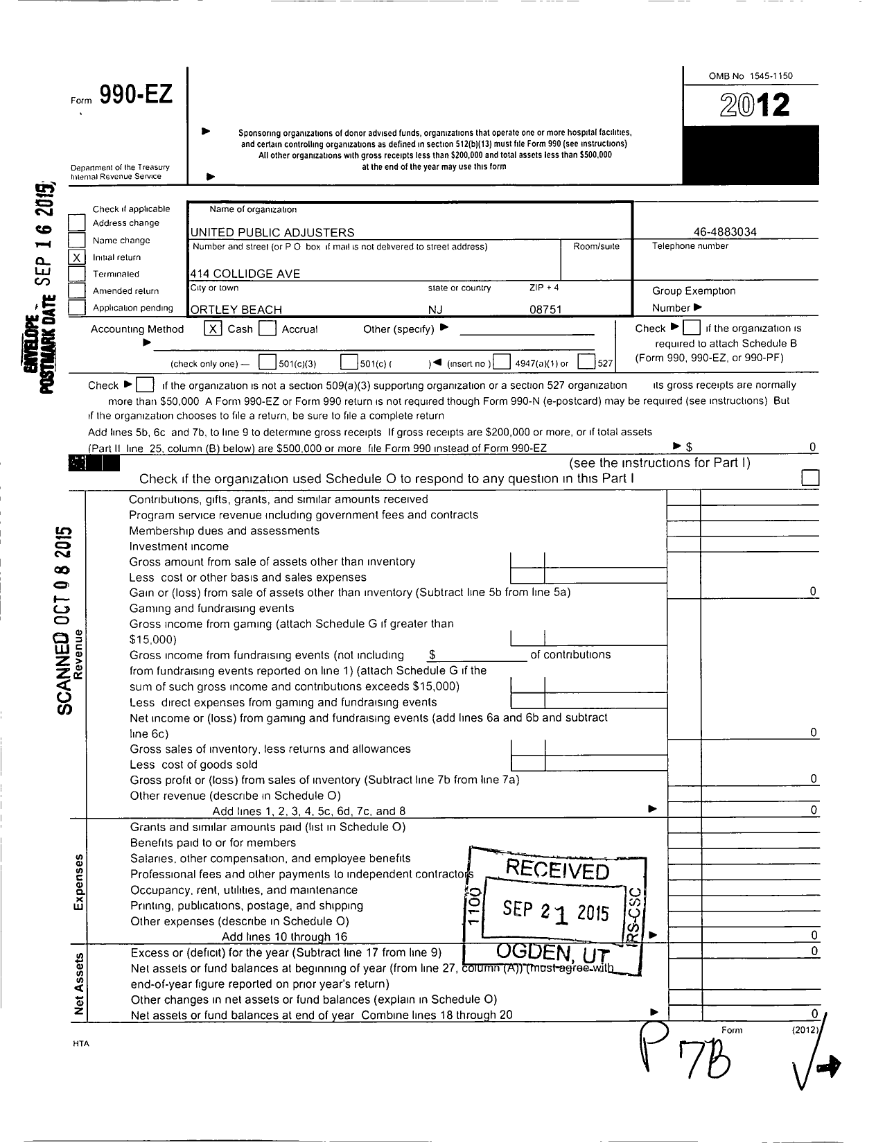 Image of first page of 2012 Form 990EO for United Public Adjusters