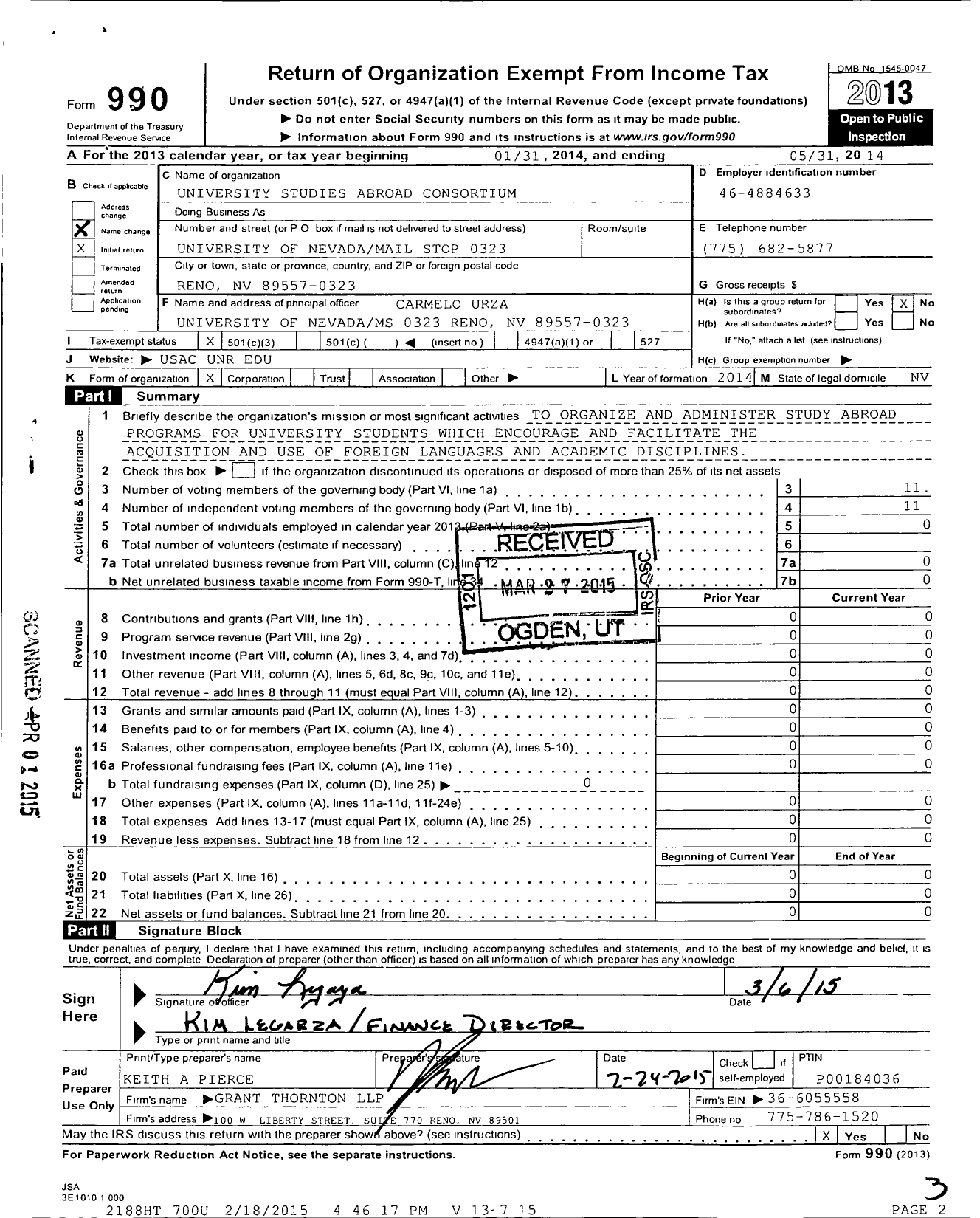 Image of first page of 2013 Form 990 for University Studies Abroad Consortium (USAC)