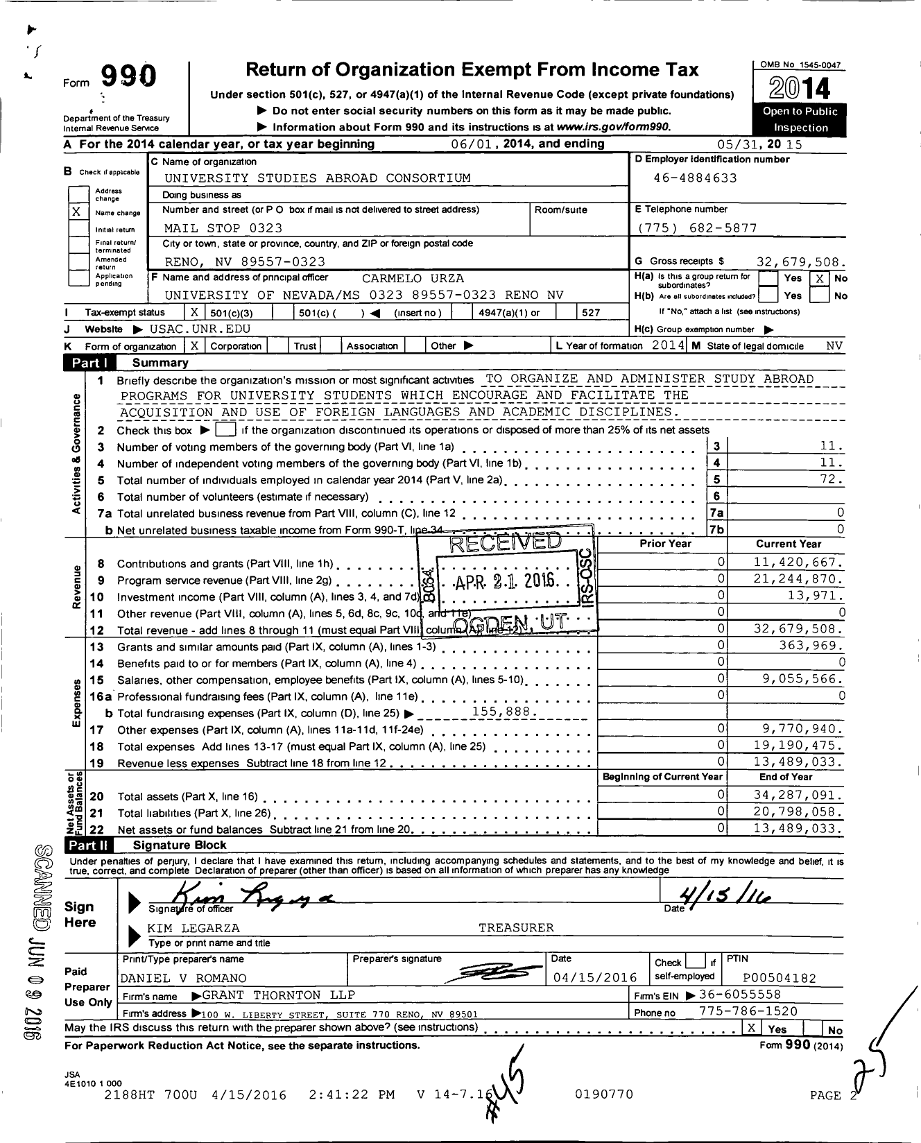 Image of first page of 2014 Form 990 for University Studies Abroad Consortium (USAC)