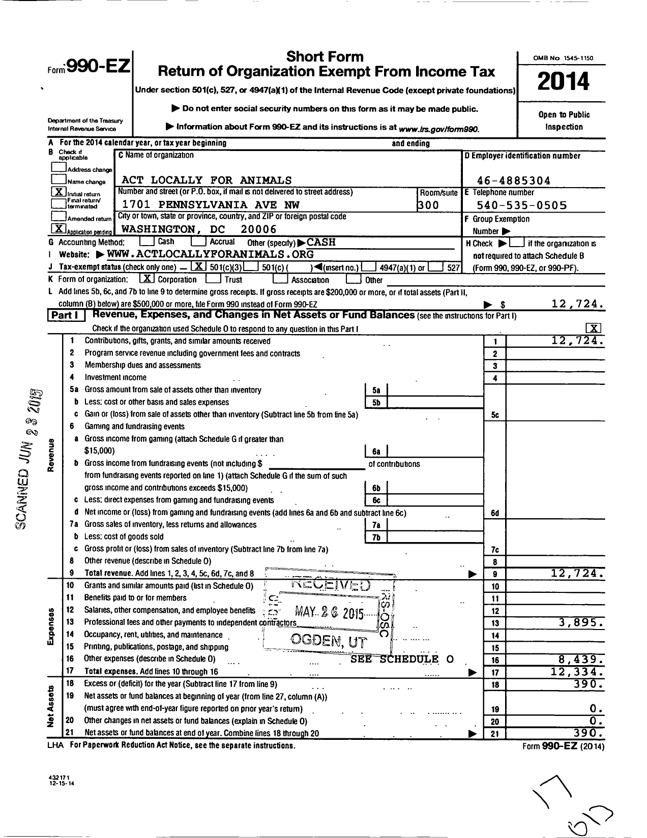 Image of first page of 2014 Form 990EZ for Act Locally for Animals