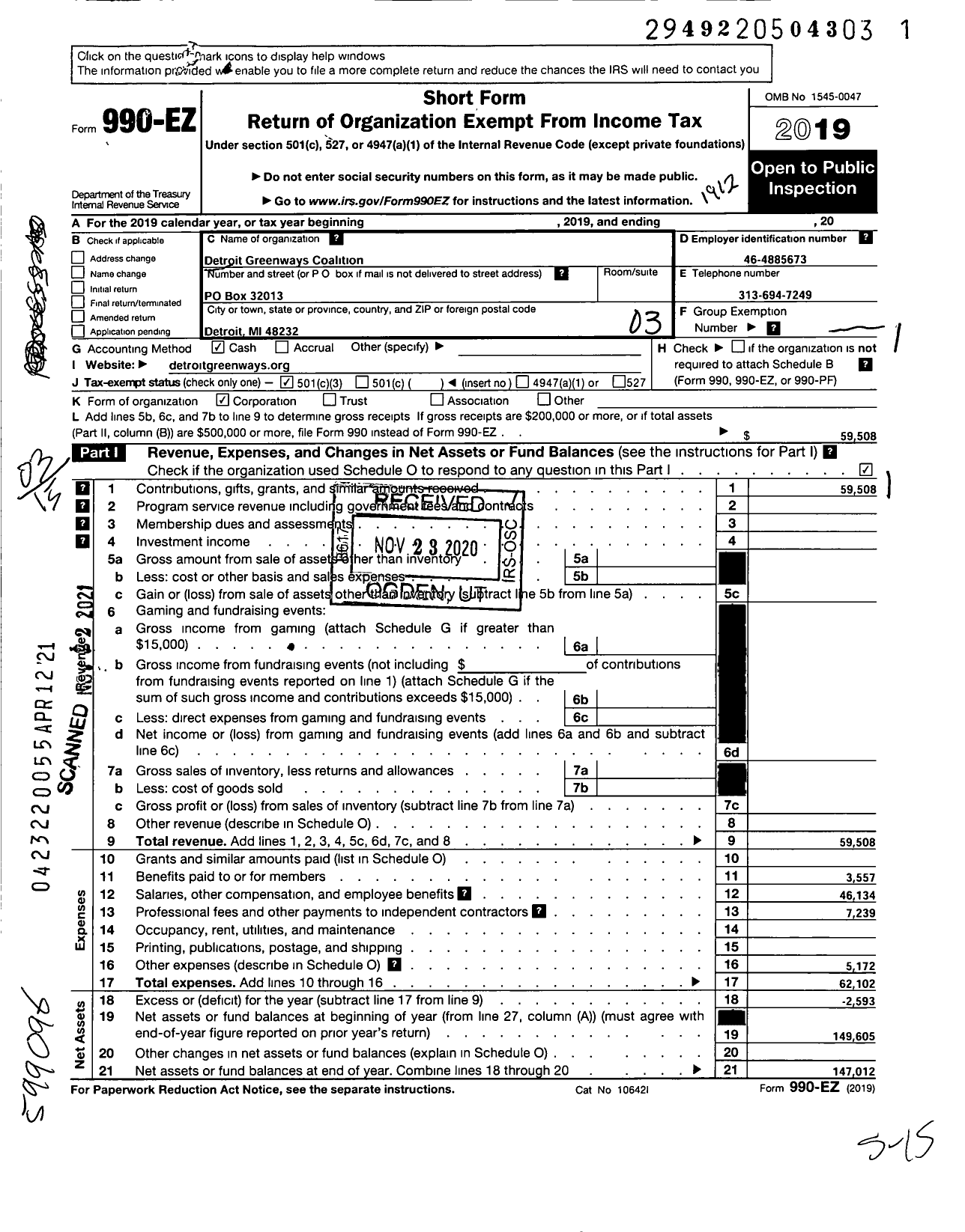 Image of first page of 2019 Form 990EZ for Detroit Greenways Coalition