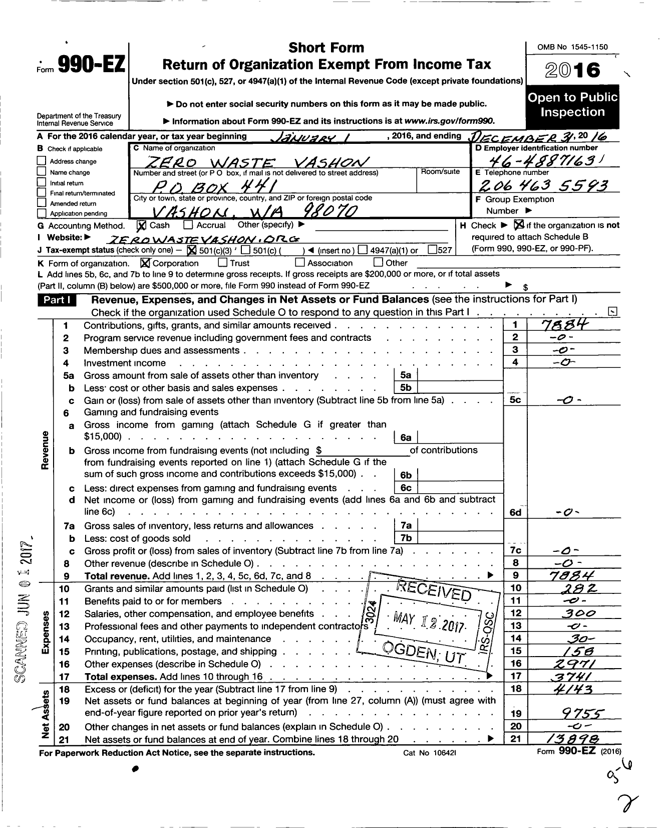 Image of first page of 2016 Form 990EZ for Zero Waste Vashon (ZWV)