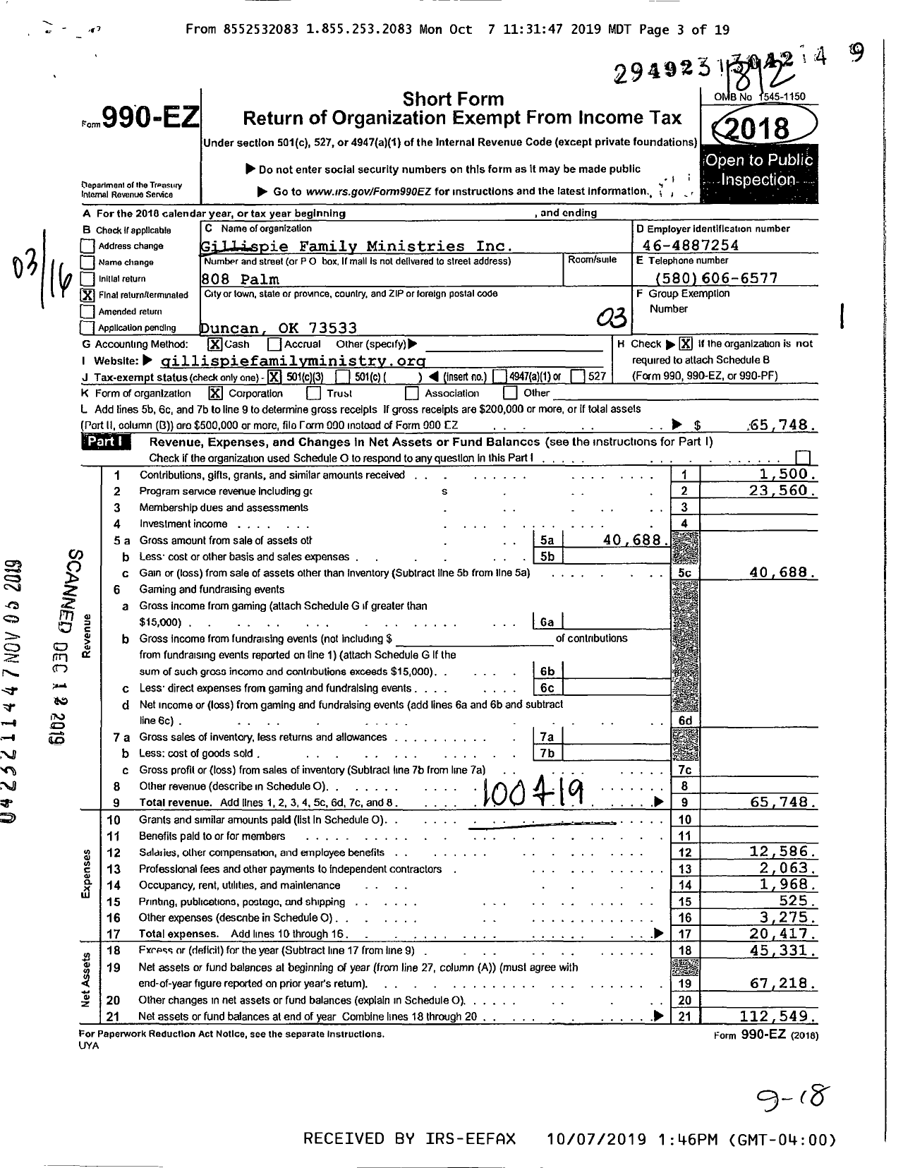 Image of first page of 2018 Form 990EZ for Gillispie Family Ministries Inc Gillispie Counseling Services