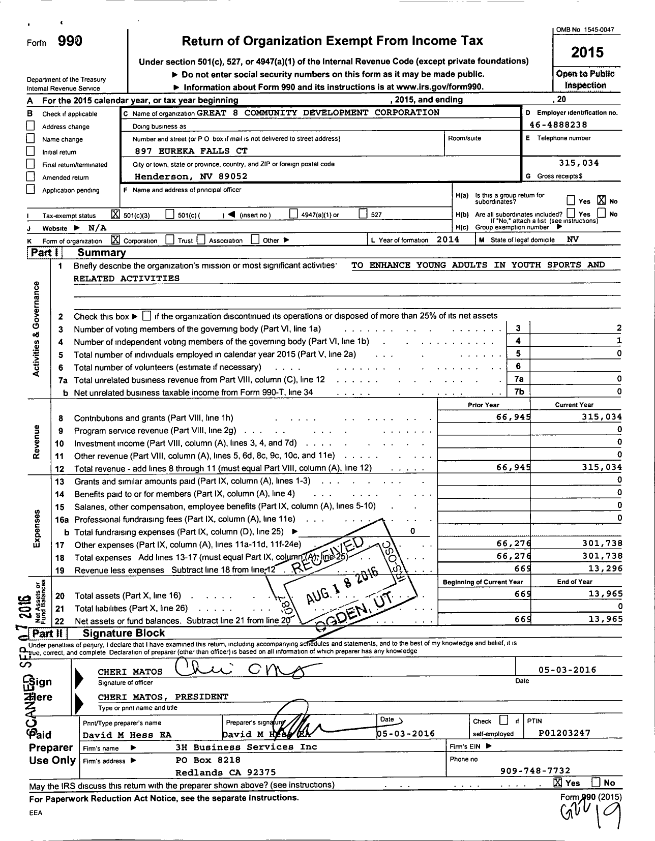 Image of first page of 2015 Form 990 for GR 8 Community Development Corporation