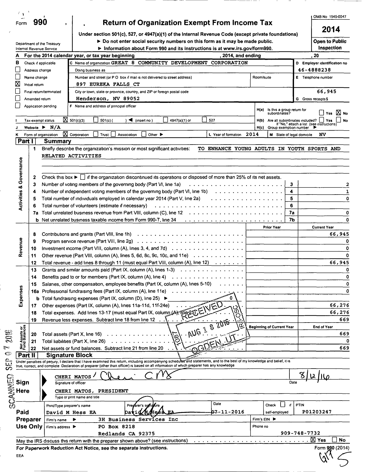 Image of first page of 2014 Form 990 for GR 8 Community Development Corporation