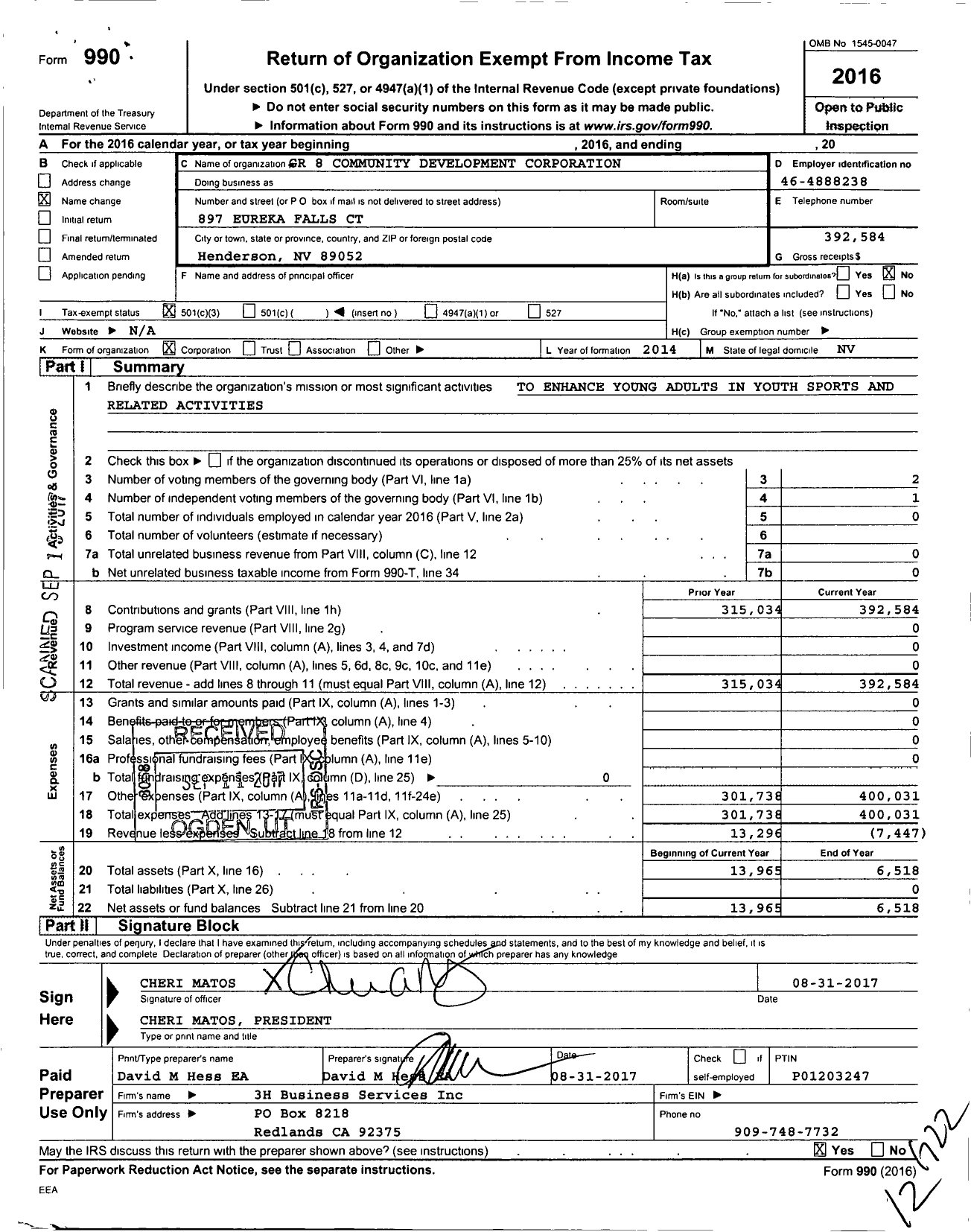 Image of first page of 2016 Form 990 for GR 8 Community Development Corporation