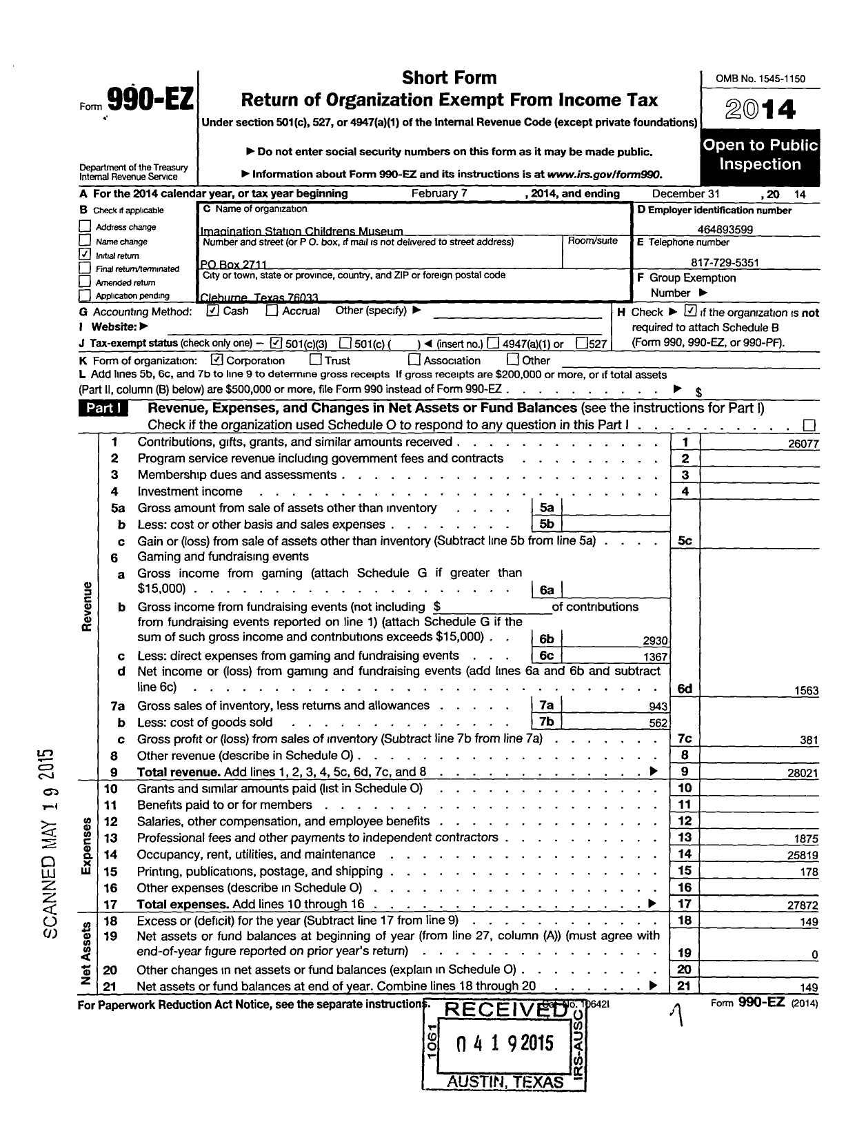 Image of first page of 2014 Form 990EZ for Texas Childrens Museum