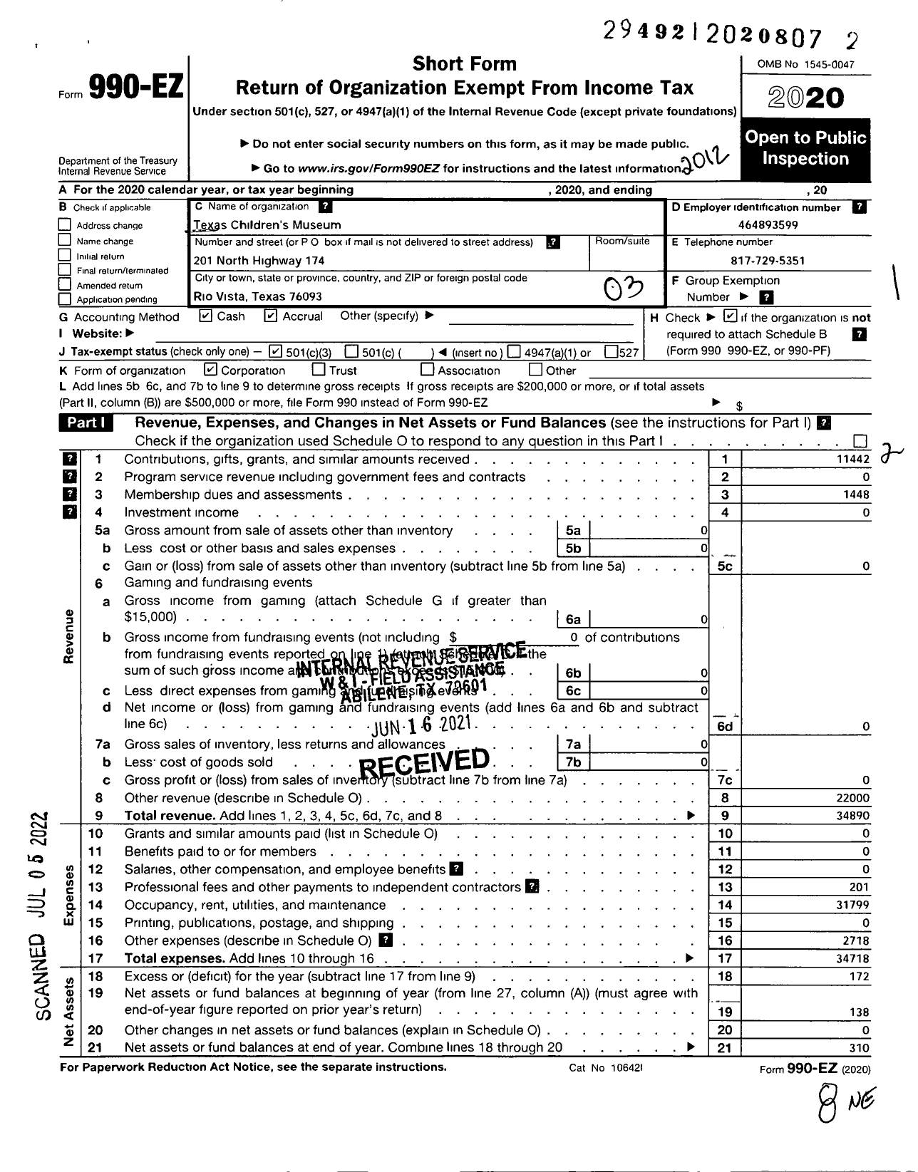 Image of first page of 2020 Form 990EZ for Texas Childrens Museum