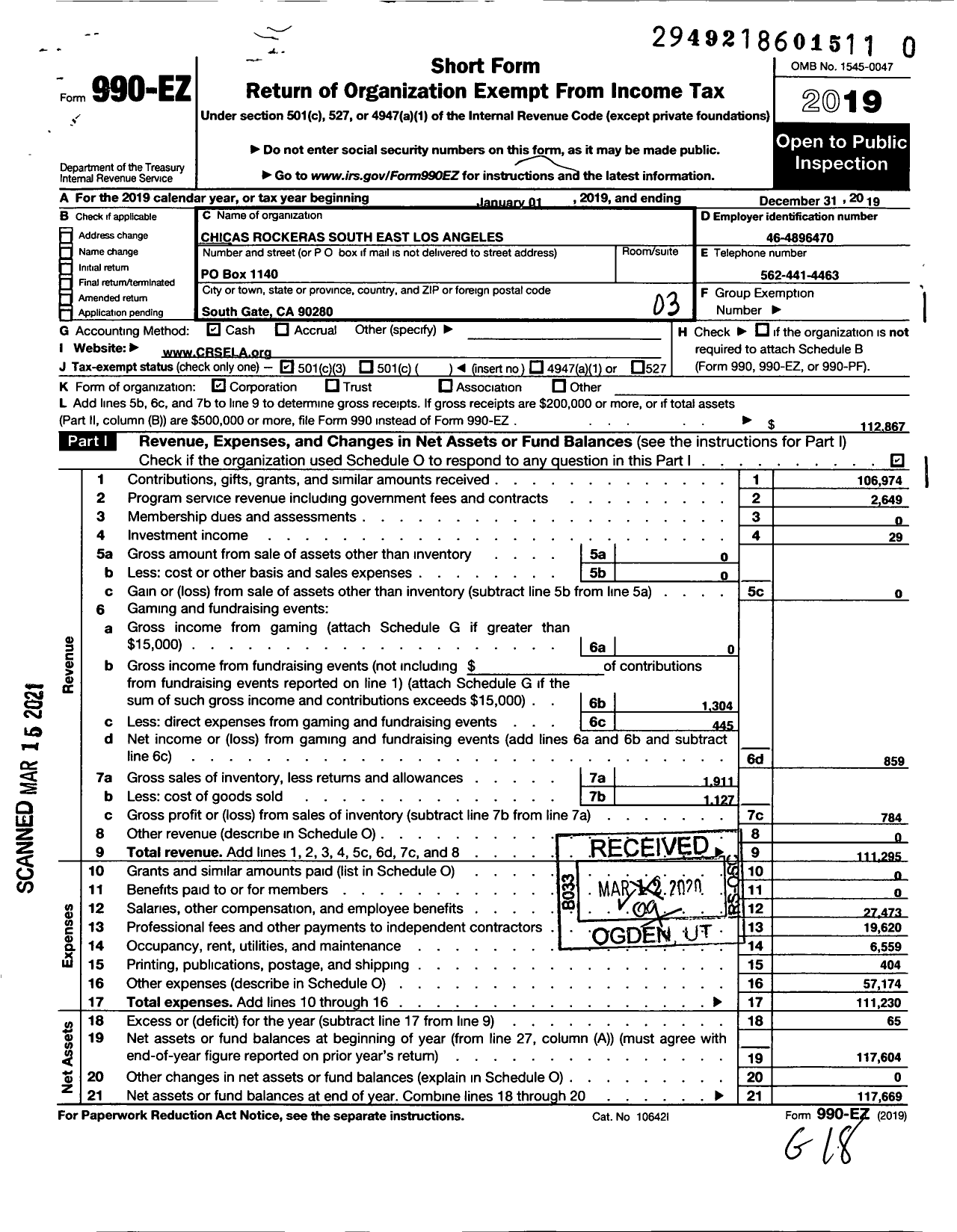 Image of first page of 2019 Form 990EZ for Chicas Rockeras South East Los Angeles