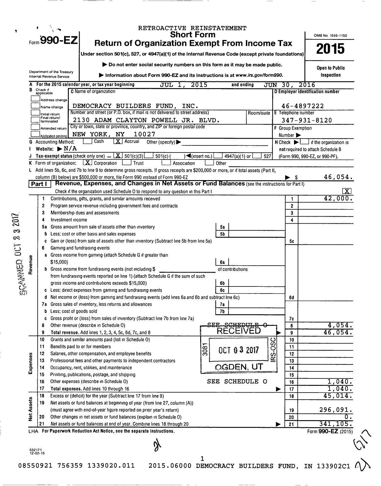 Image of first page of 2015 Form 990EZ for Democracy Builders Fund