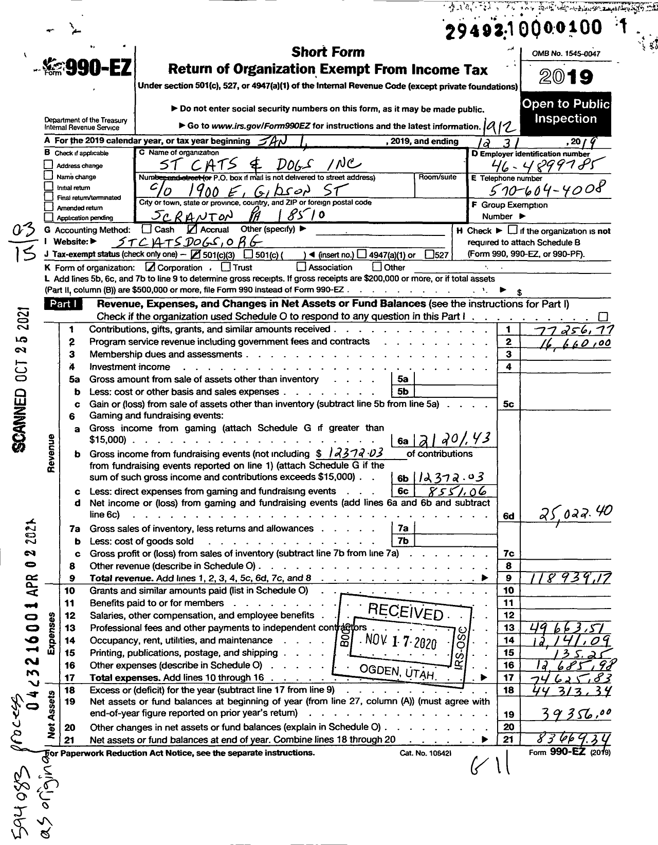 Image of first page of 2019 Form 990EZ for St Cats and Dogs