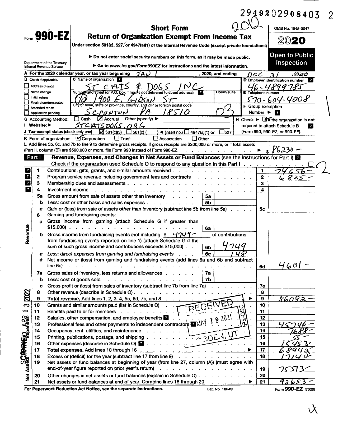 Image of first page of 2020 Form 990EZ for St Cats and Dogs