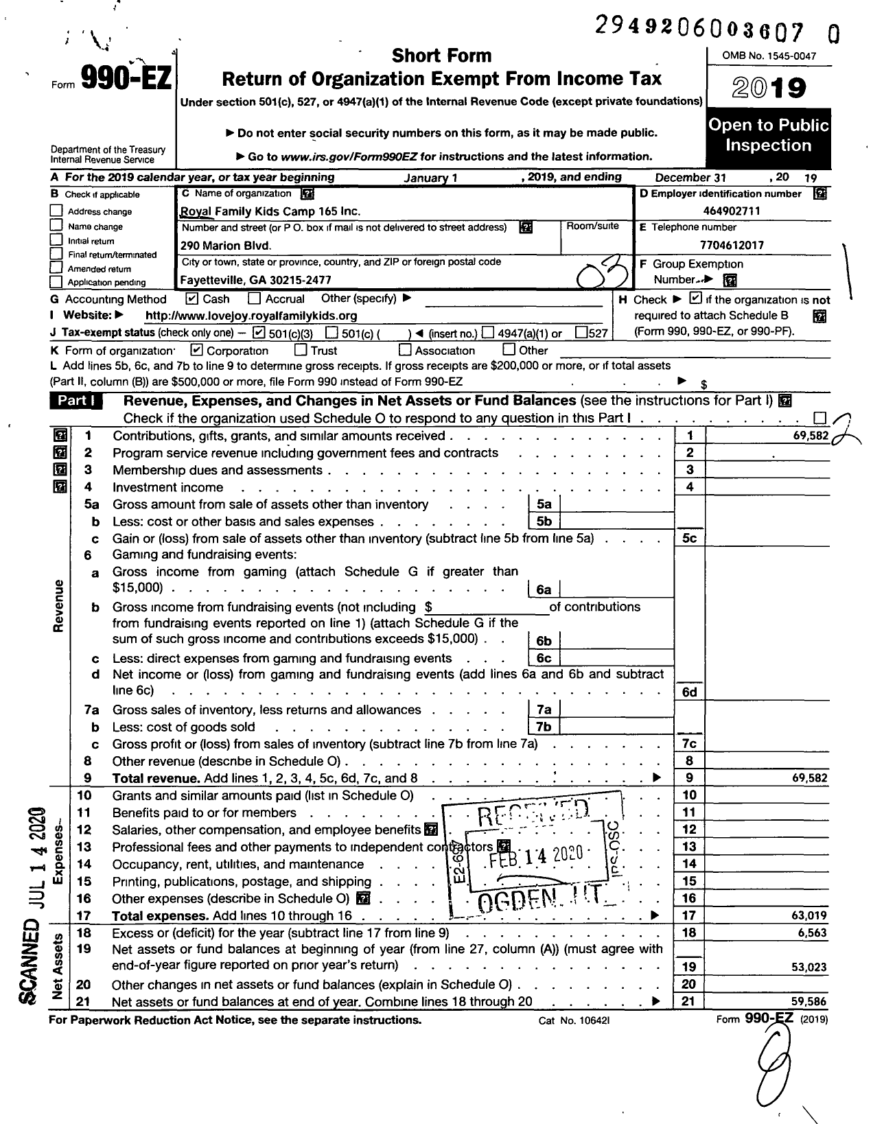 Image of first page of 2019 Form 990EZ for Royal Family Kids Camp 165