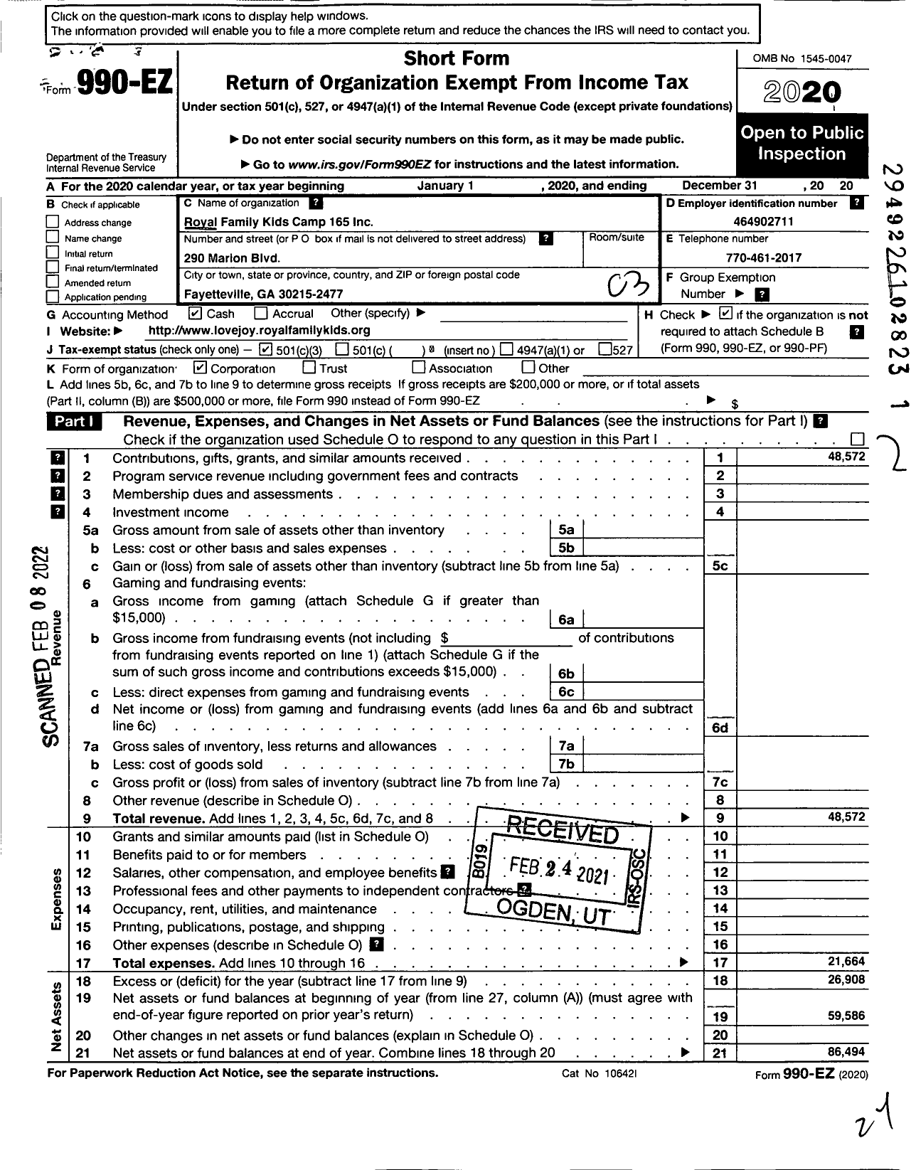 Image of first page of 2020 Form 990EZ for Royal Family Kids Camp 165