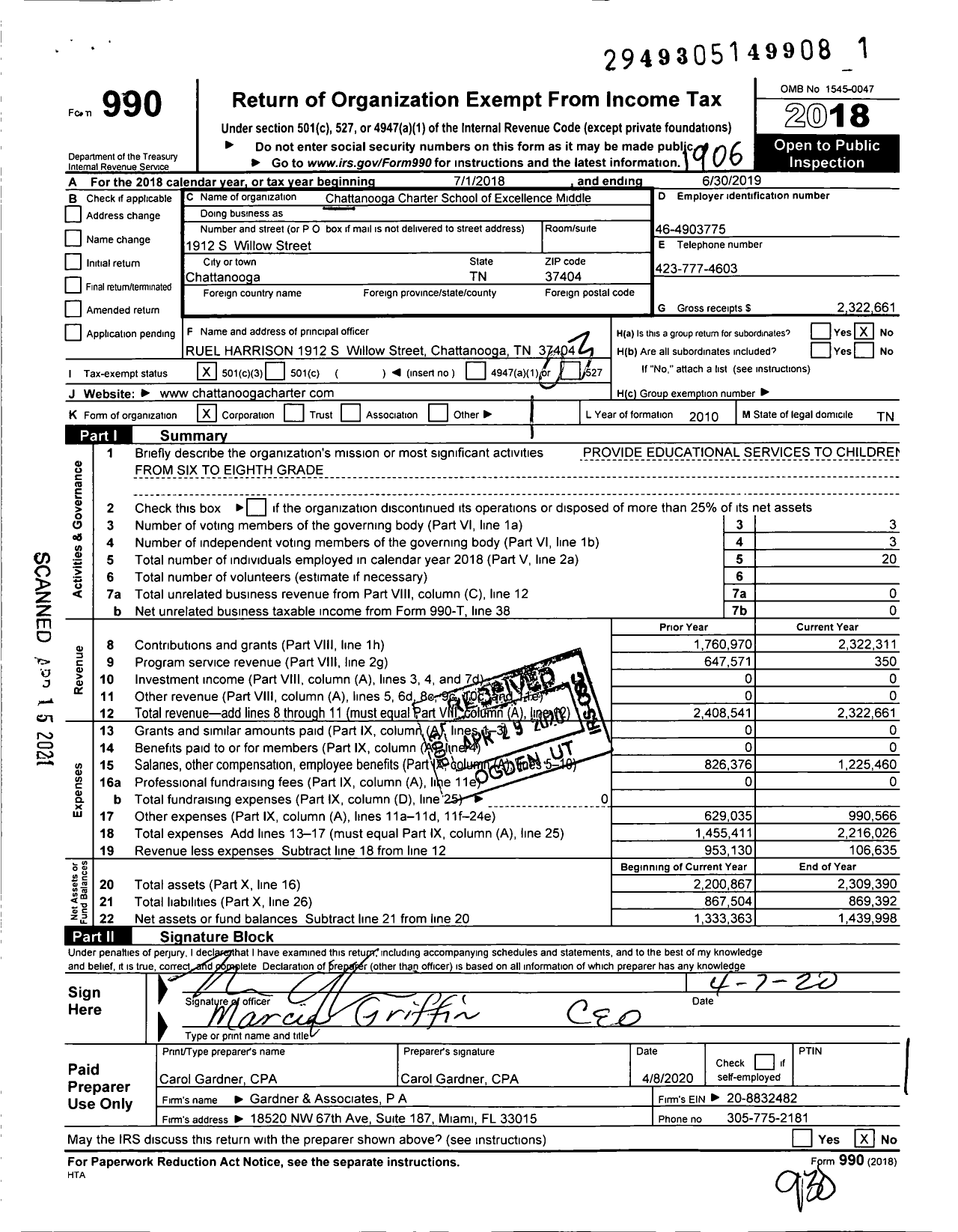 Image of first page of 2018 Form 990 for Chattanooga Charter School of Excellence Middle