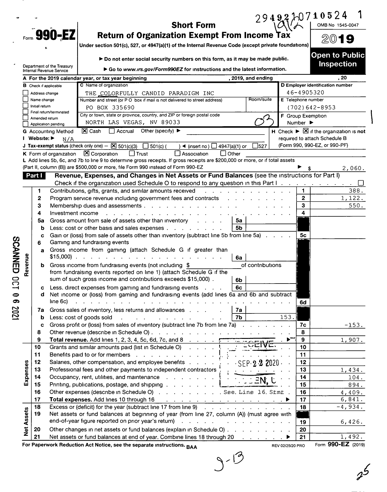 Image of first page of 2019 Form 990EZ for Colorfully Candid Paradigm