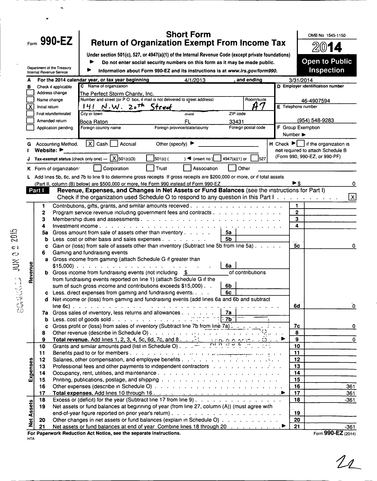 Image of first page of 2013 Form 990EZ for The Perfect Storm Charity