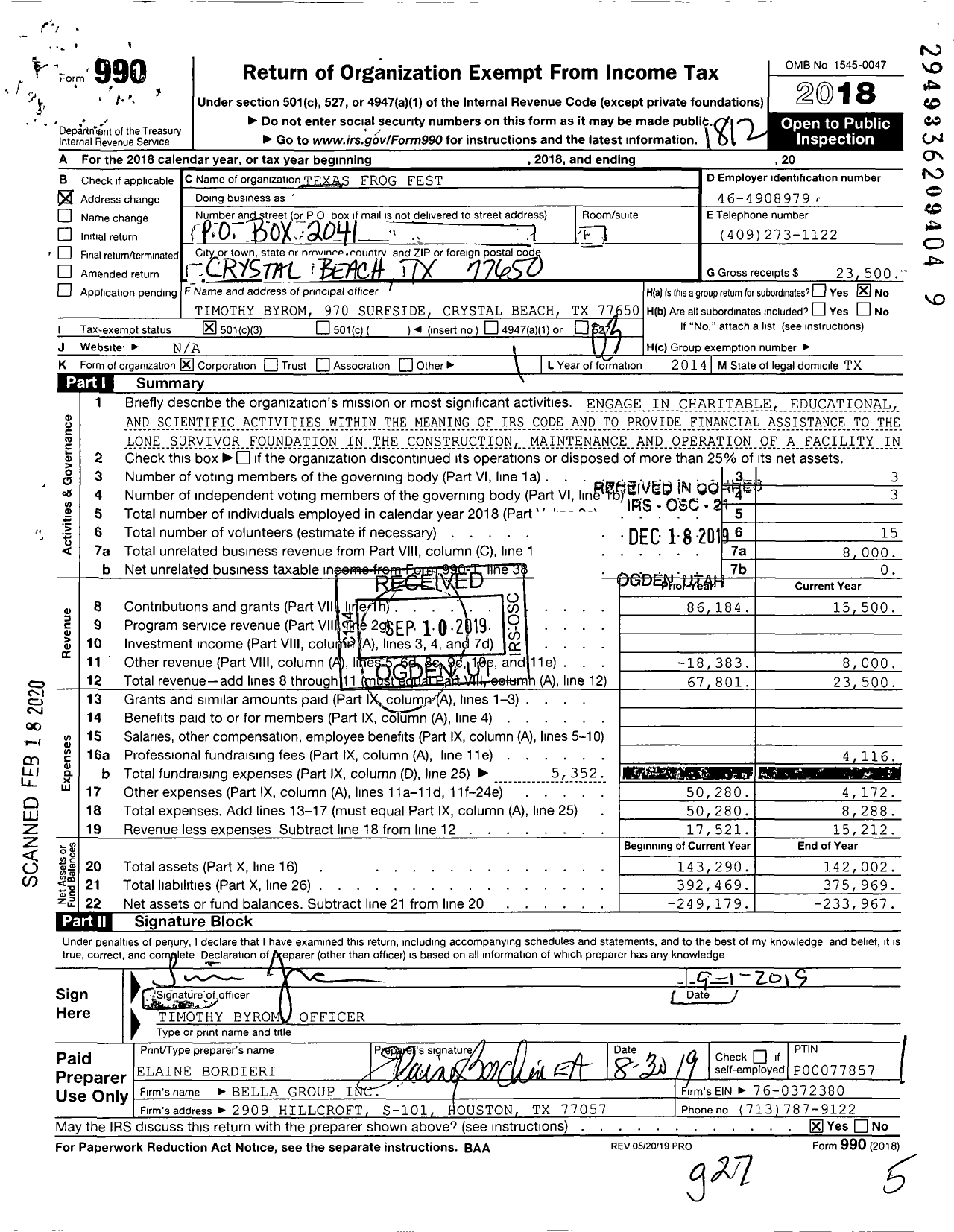 Image of first page of 2018 Form 990 for Texas Frog Fest