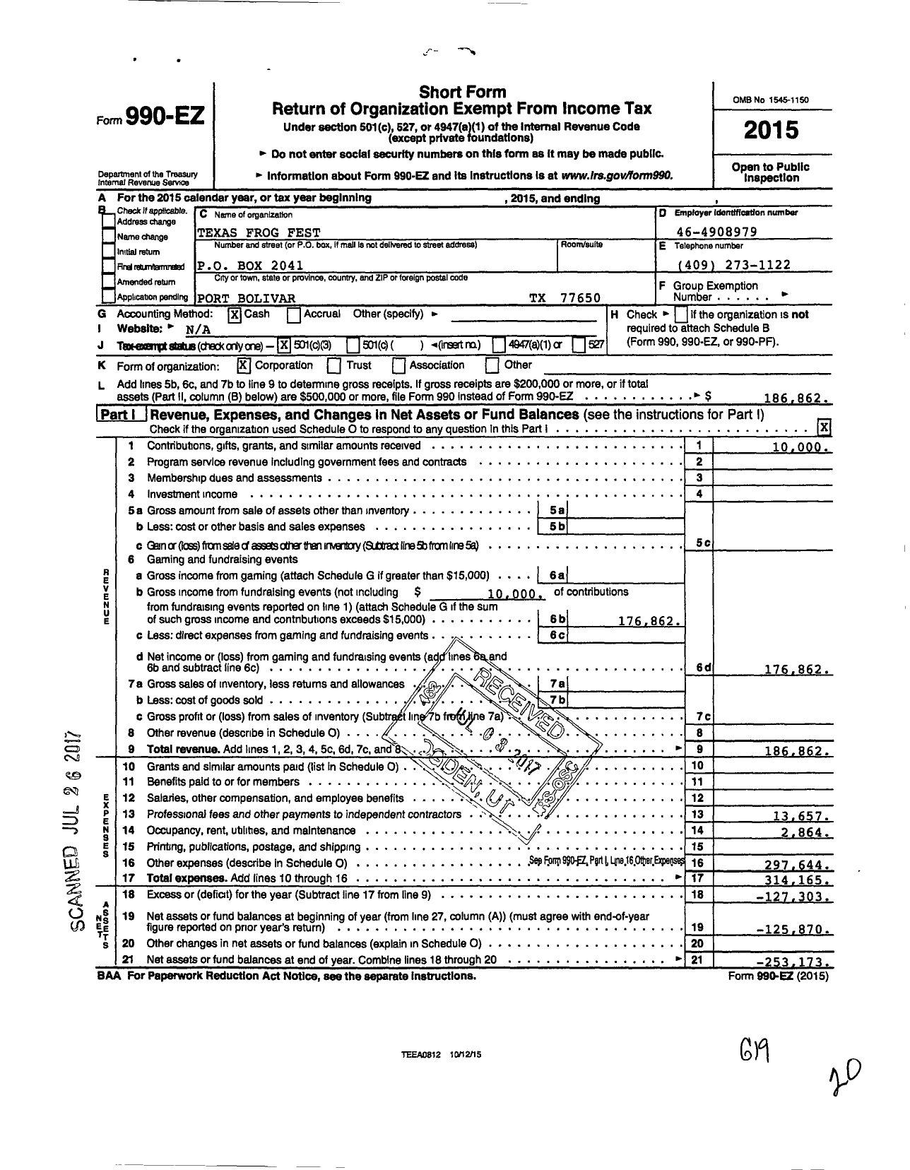 Image of first page of 2015 Form 990EZ for Texas Frog Fest