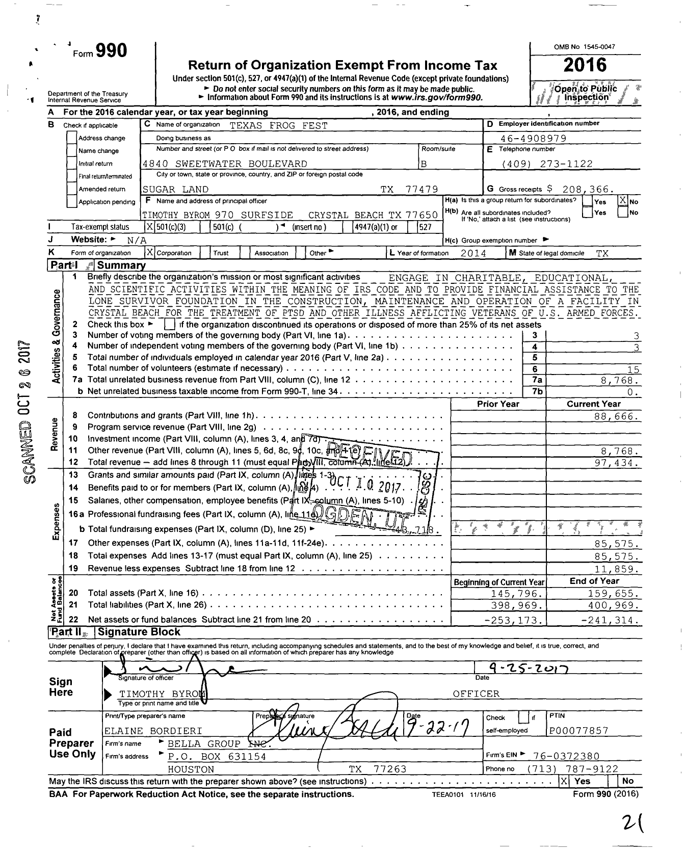 Image of first page of 2016 Form 990 for Texas Frog Fest