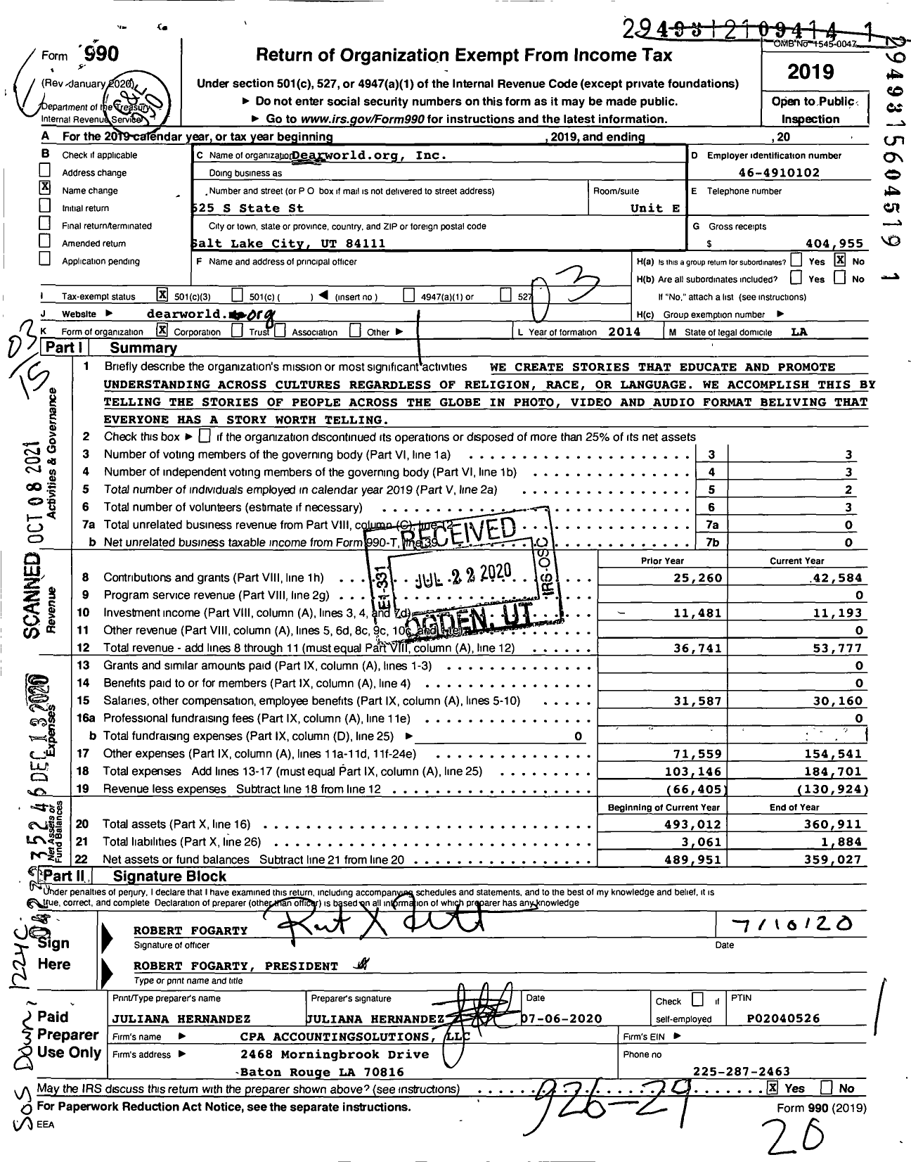 Image of first page of 2019 Form 990 for Dearworldorg