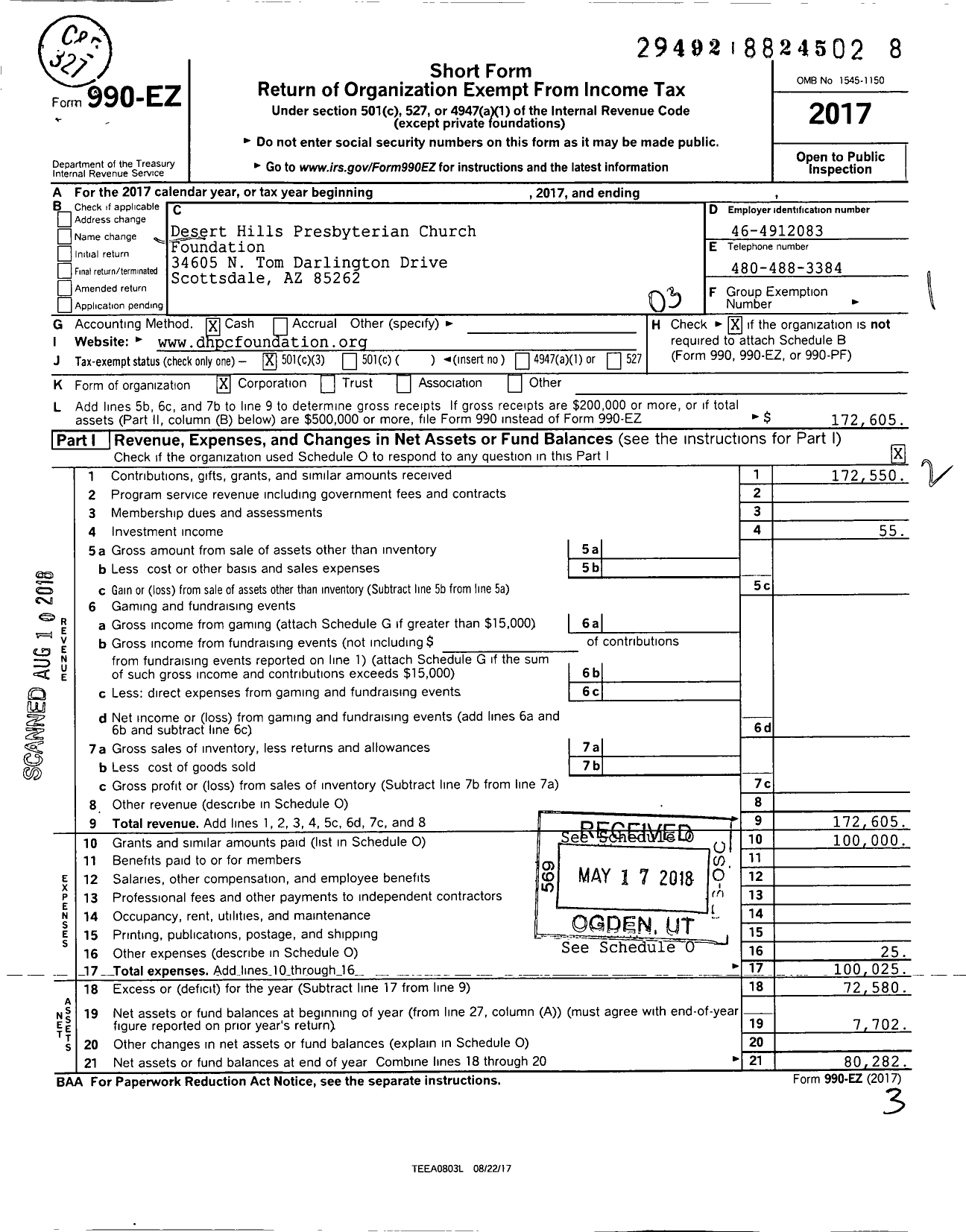 Image of first page of 2017 Form 990EZ for Desert Hills Presbyterian Church Foundation