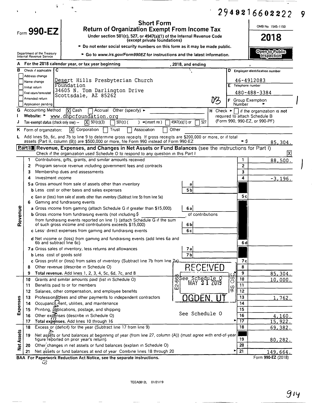 Image of first page of 2018 Form 990EZ for Desert Hills Presbyterian Church Foundation