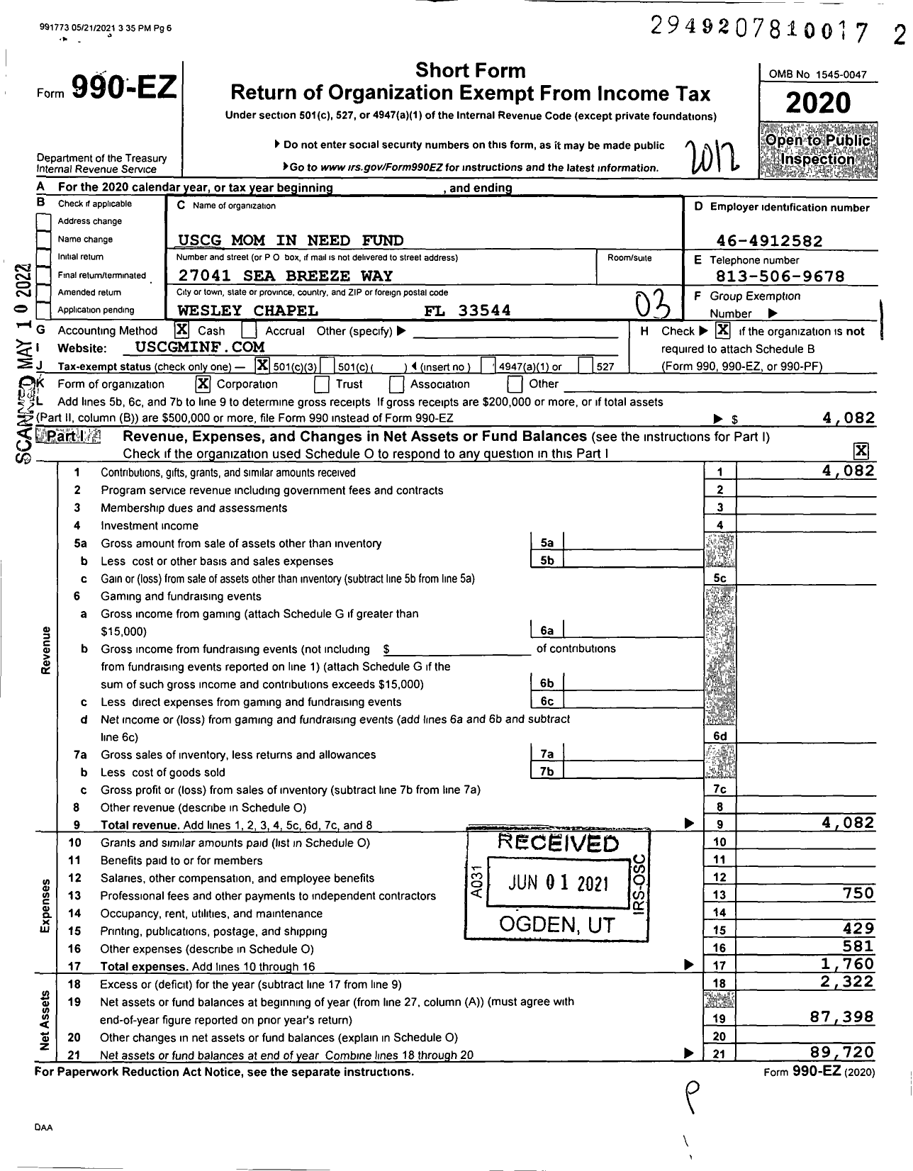 Image of first page of 2020 Form 990EZ for Uscg Mom in Need Fund