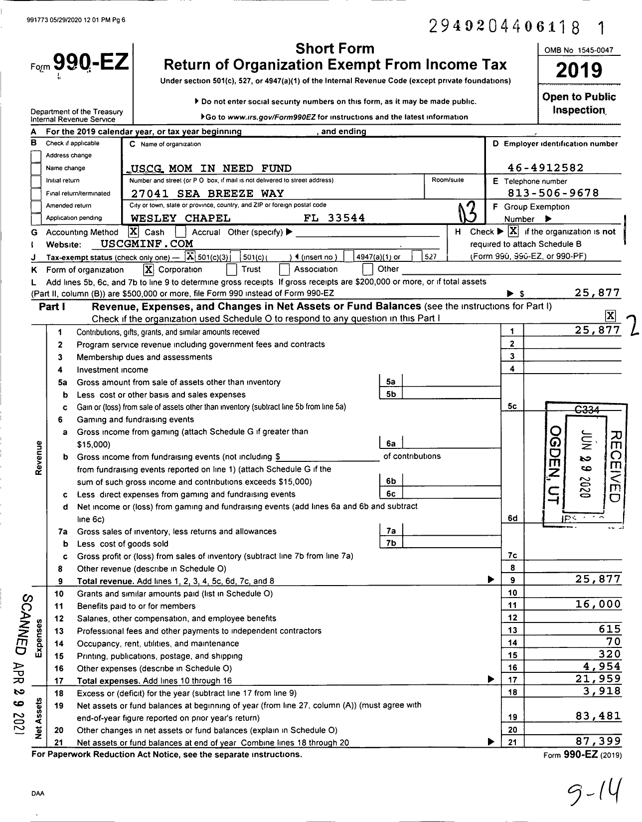 Image of first page of 2019 Form 990EZ for Uscg Mom in Need Fund