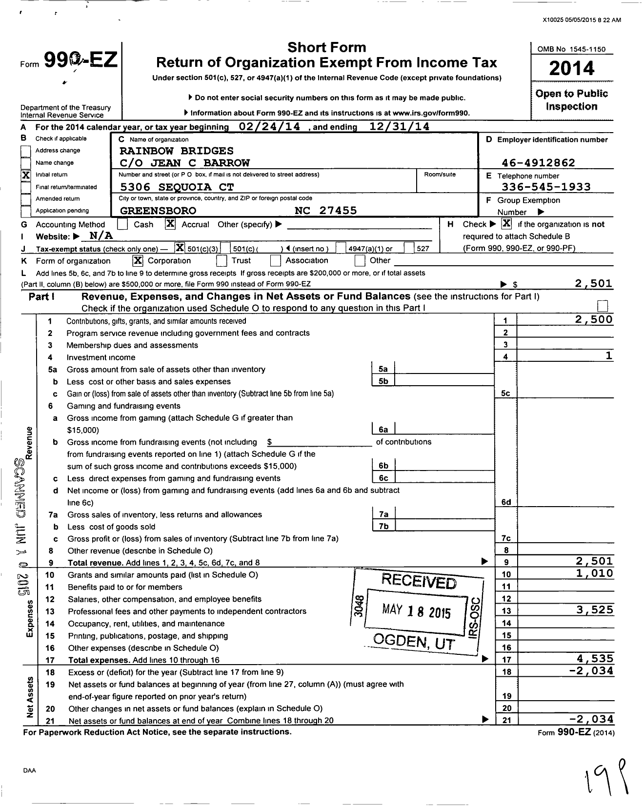 Image of first page of 2014 Form 990EZ for Rainbow Bridges