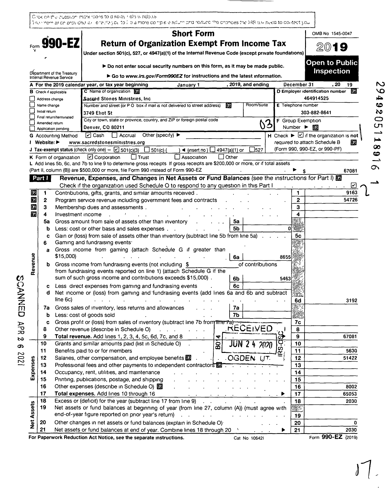 Image of first page of 2019 Form 990EZ for Sacred Stones Ministries