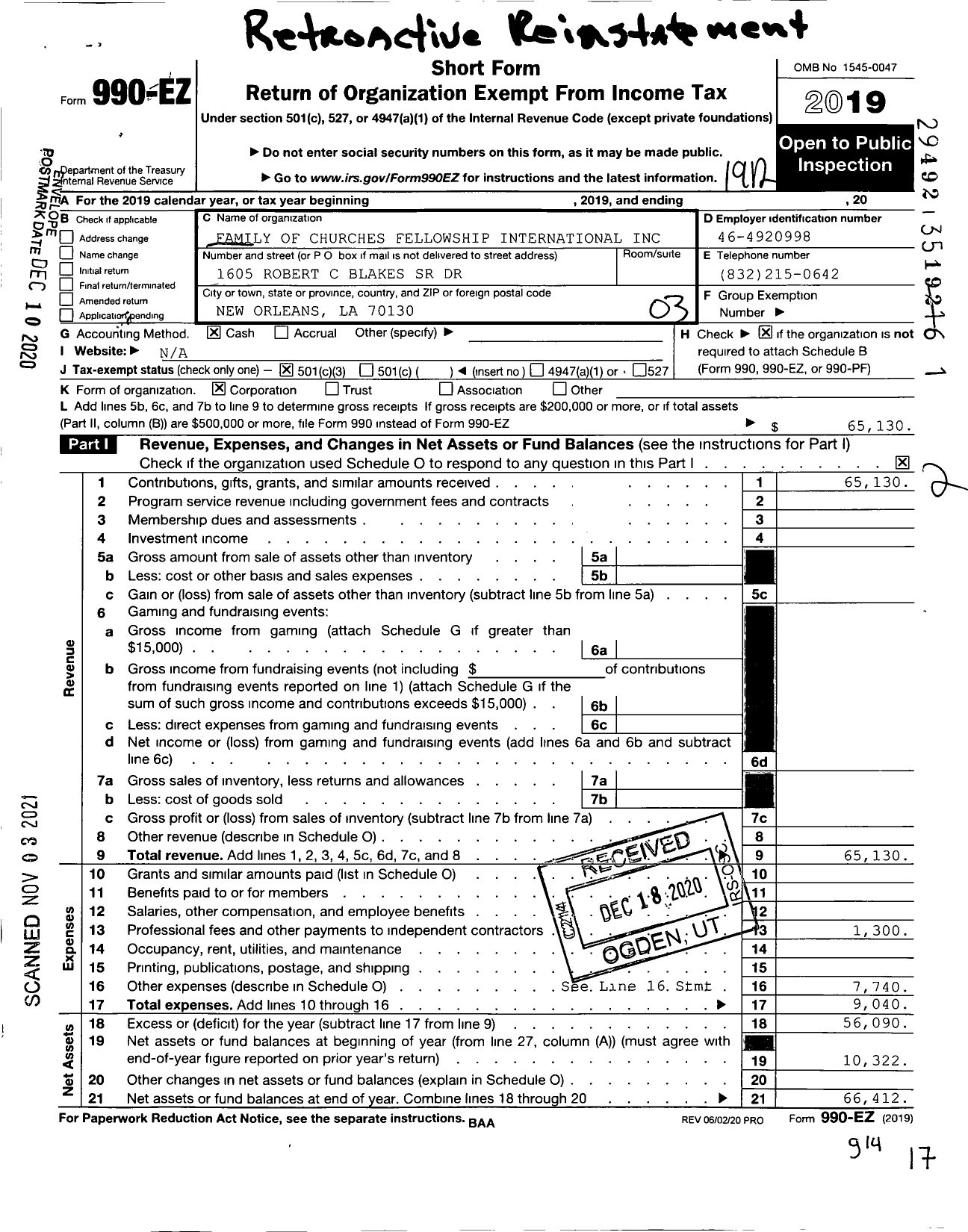 Image of first page of 2019 Form 990EZ for Family of Churches Fellowship International