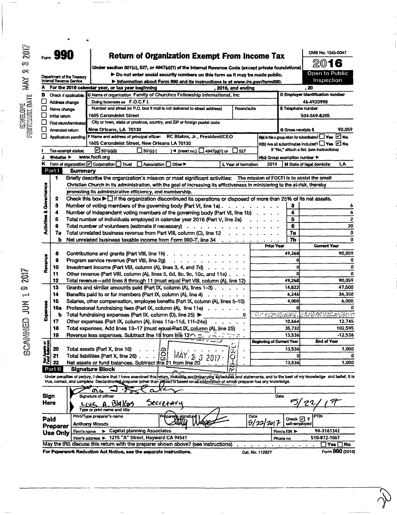 Image of first page of 2016 Form 990 for Family of Churches Fellowship International