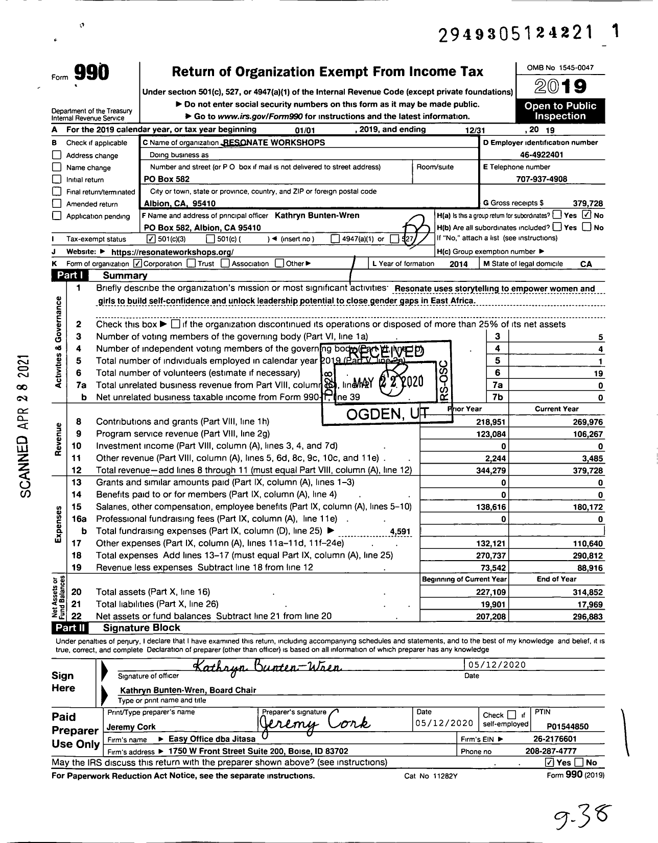 Image of first page of 2019 Form 990 for Resonate Workshops