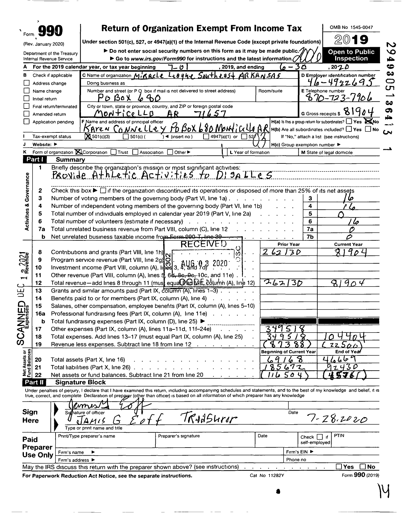 Image of first page of 2019 Form 990 for Miracle League of Southeast Arkansas