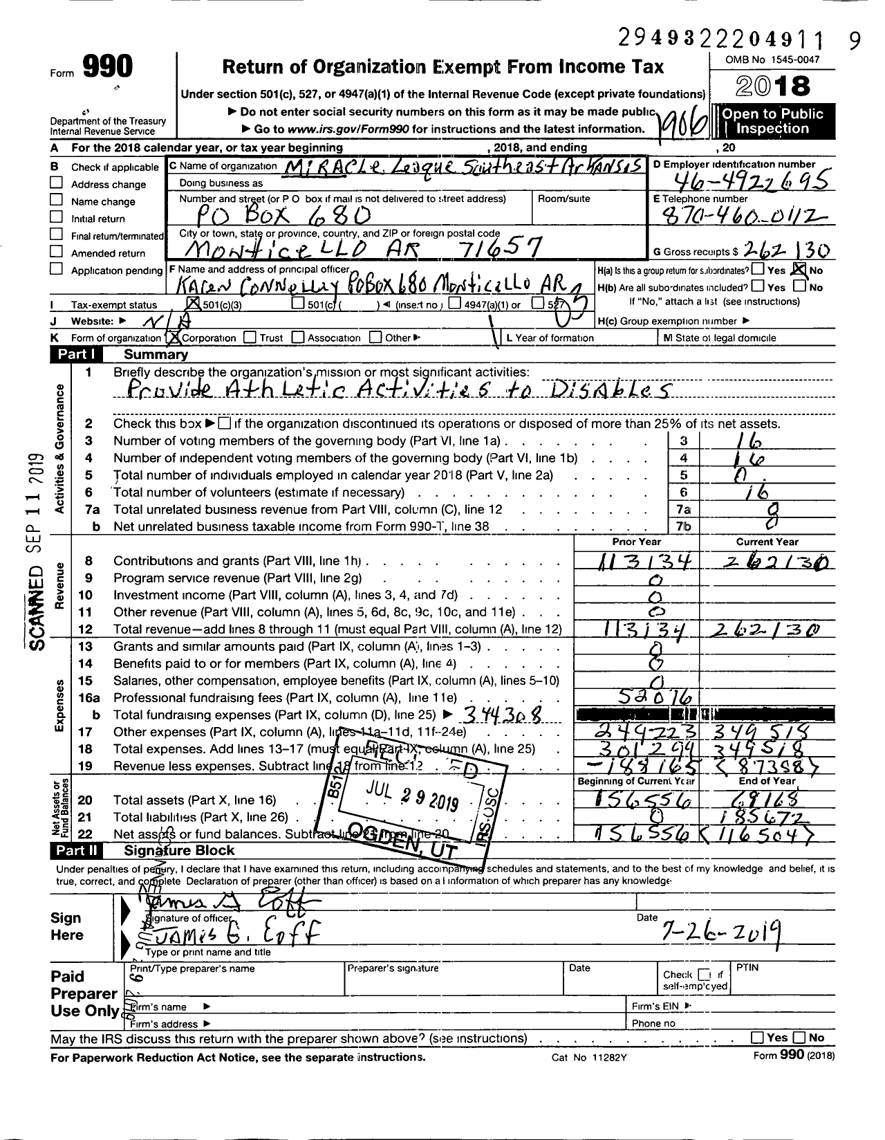 Image of first page of 2018 Form 990 for Miracle League of Southeast Arkansas