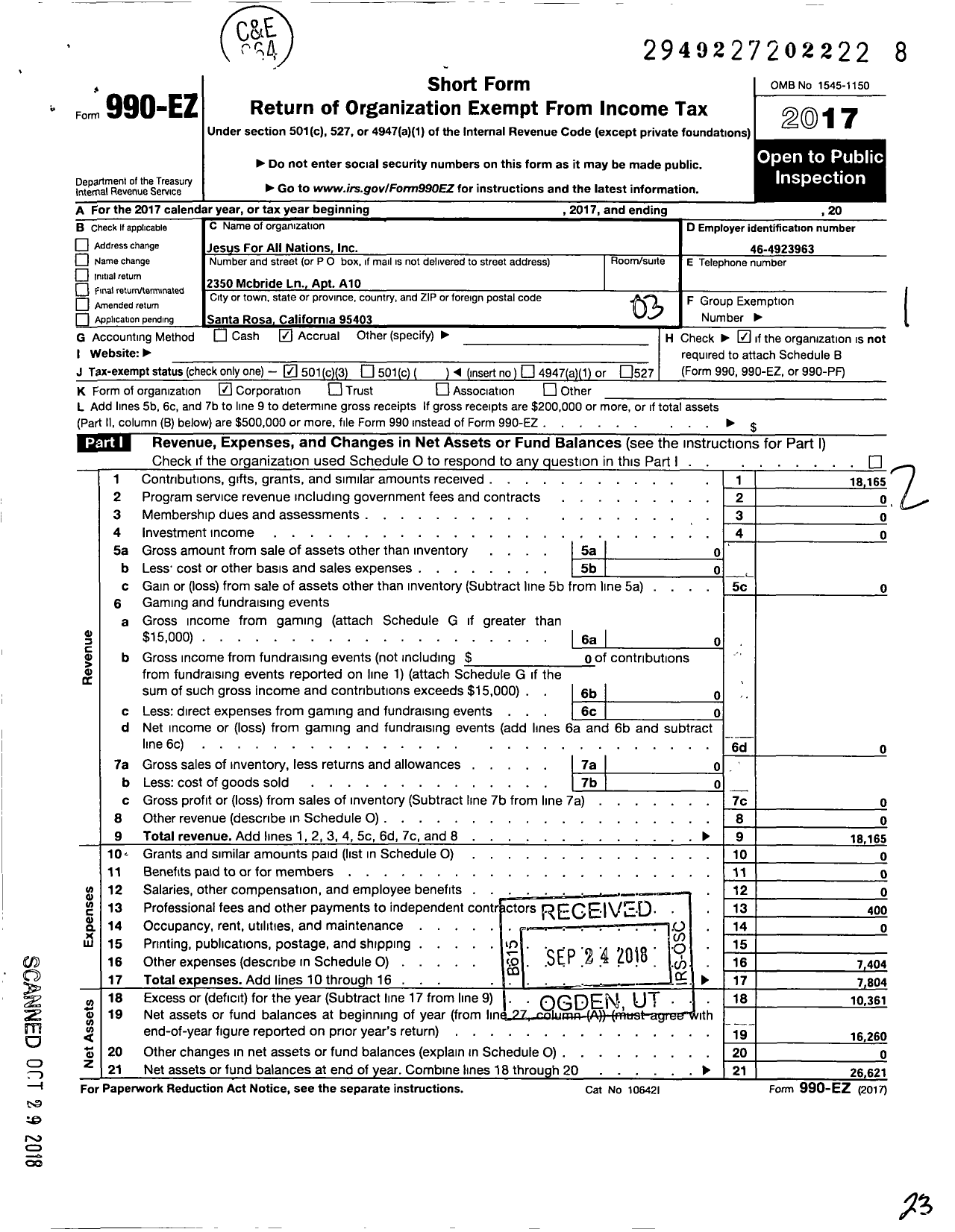 Image of first page of 2017 Form 990EZ for Jesus for All Nations