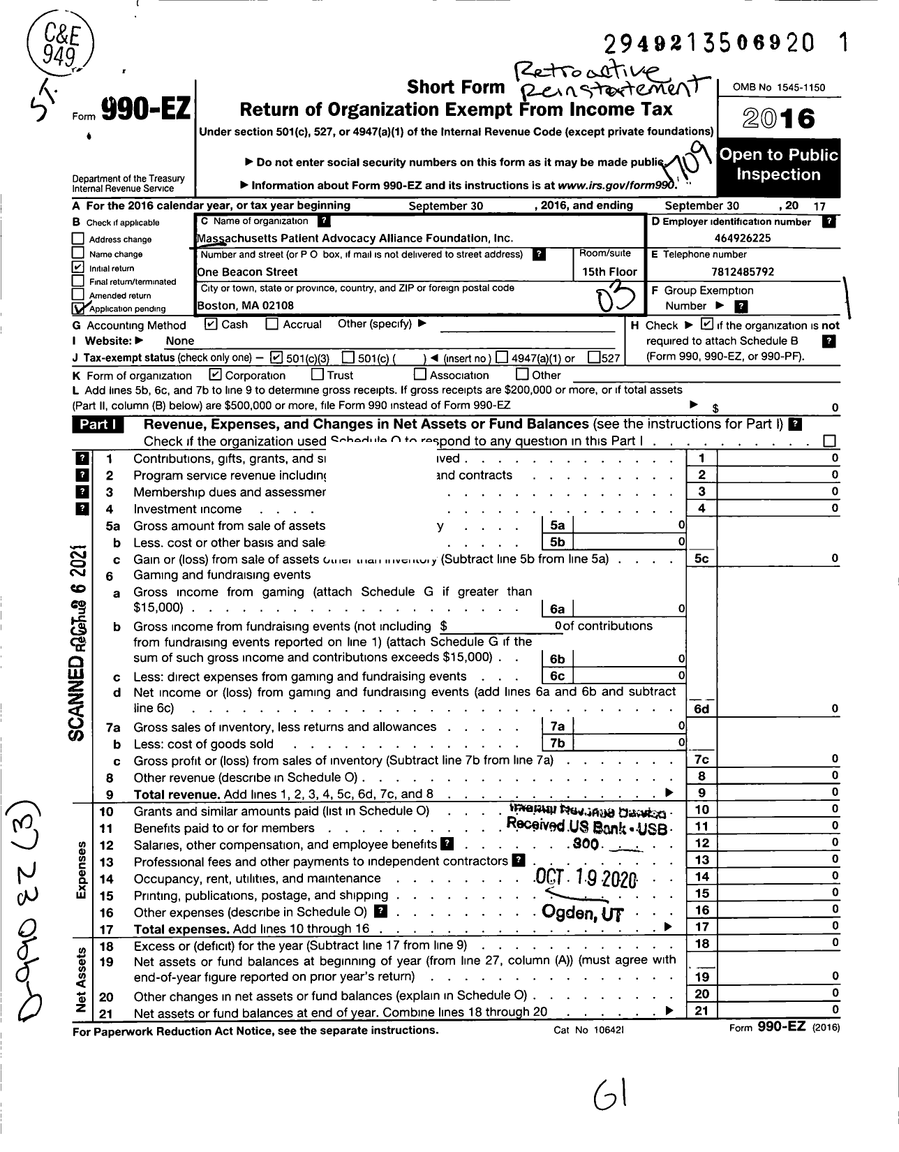 Image of first page of 2016 Form 990EZ for Massachusetts Patient Advocacy Alliance Foundation