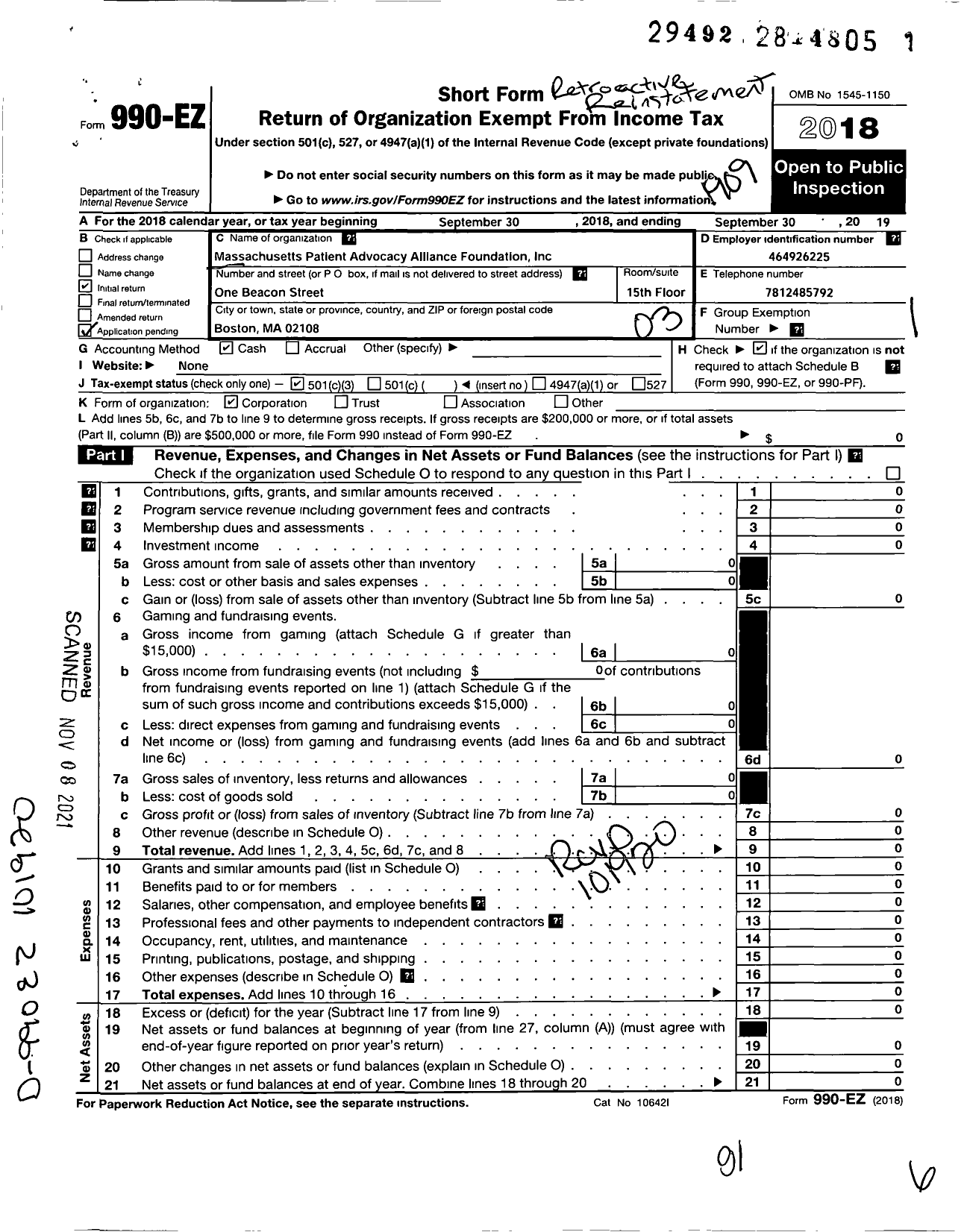 Image of first page of 2018 Form 990EZ for Massachusetts Patient Advocacy Alliance Foundation