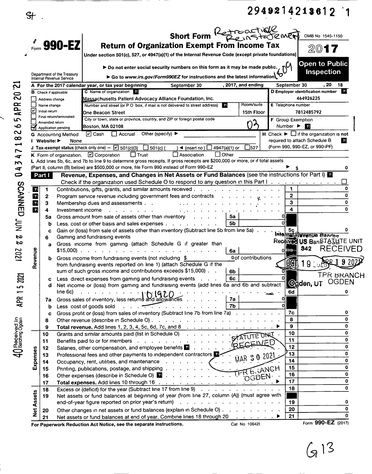 Image of first page of 2017 Form 990EZ for Massachusetts Patient Advocacy Alliance Foundation