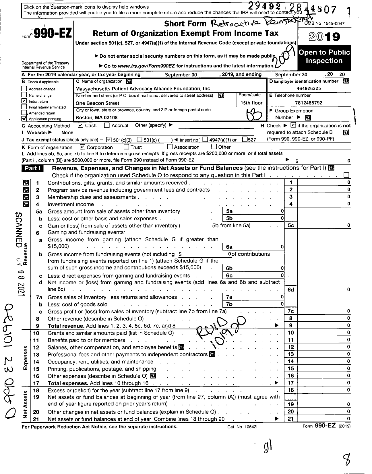 Image of first page of 2019 Form 990EZ for Massachusetts Patient Advocacy Alliance Foundation