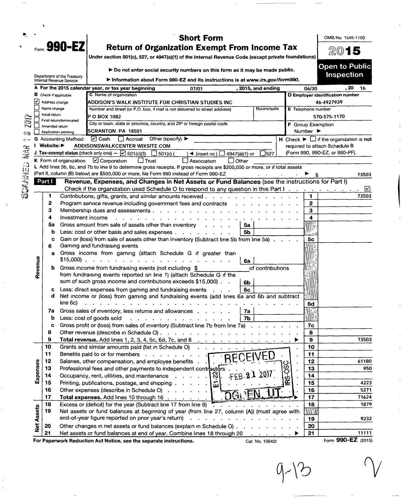 Image of first page of 2015 Form 990EZ for Addisons Walk Institute for Christian Studies