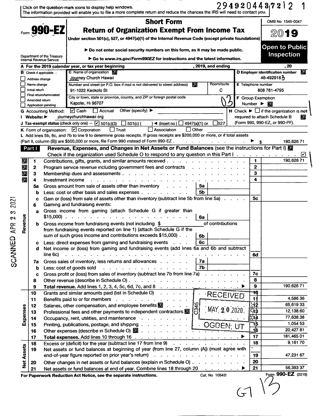 Image of first page of 2019 Form 990EZ for Journey Church Hawaii