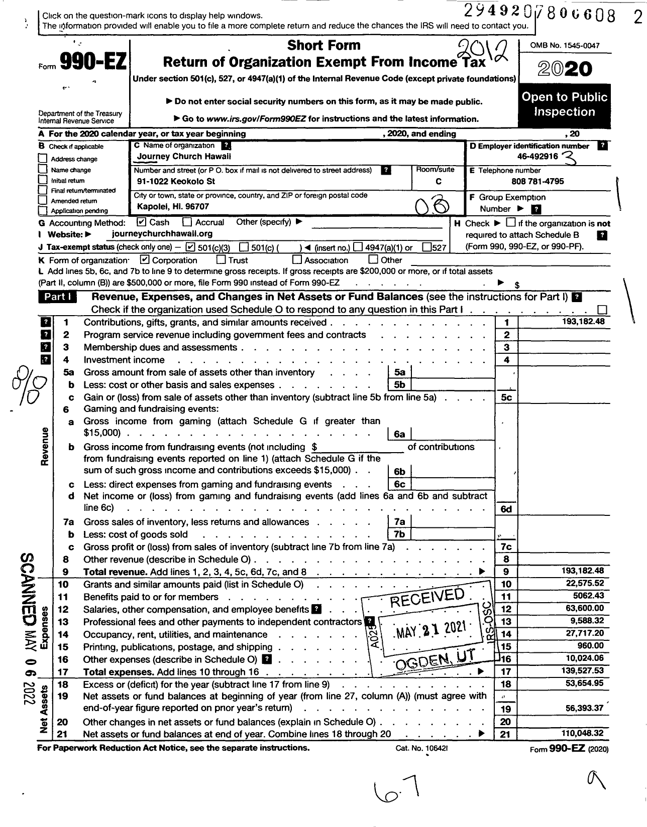 Image of first page of 2020 Form 990EO for Journey Church Hawaii