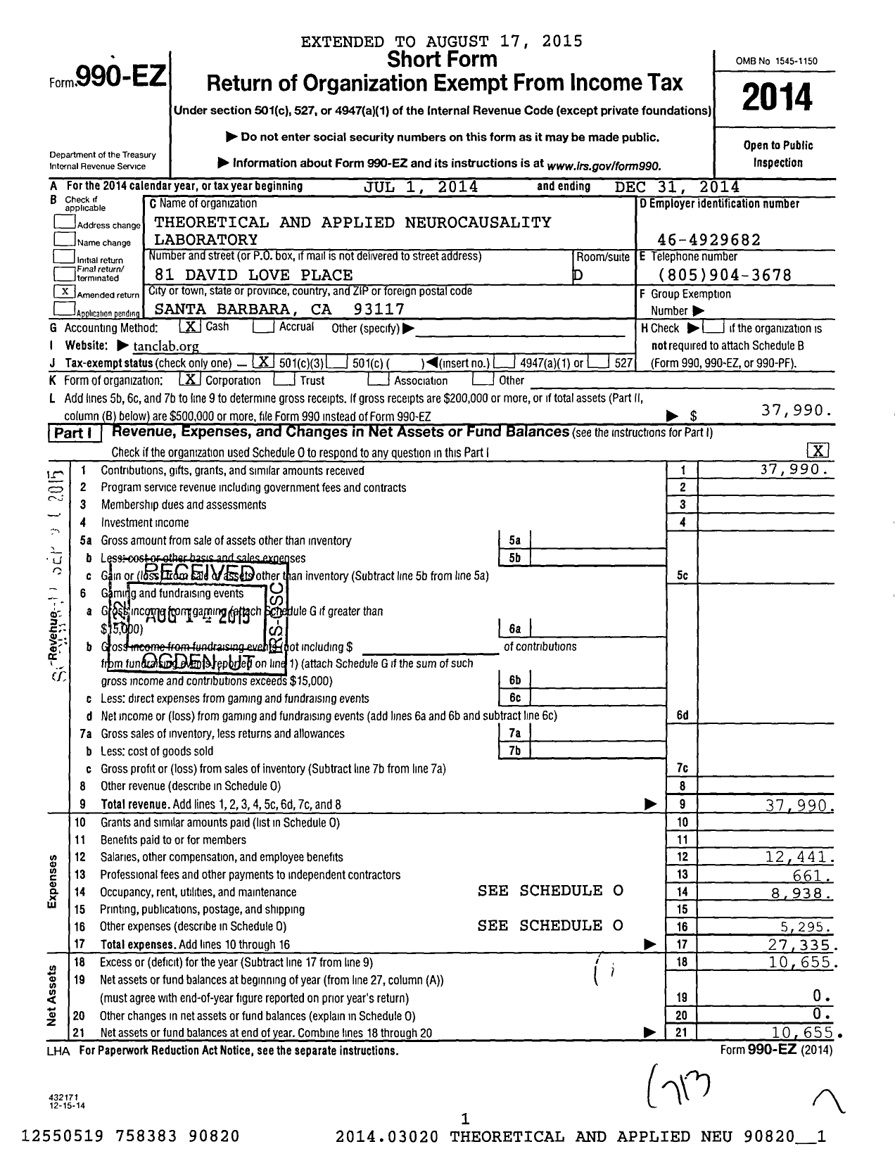 Image of first page of 2014 Form 990EZ for Theoretical and Applied Neurocausality Laboratory